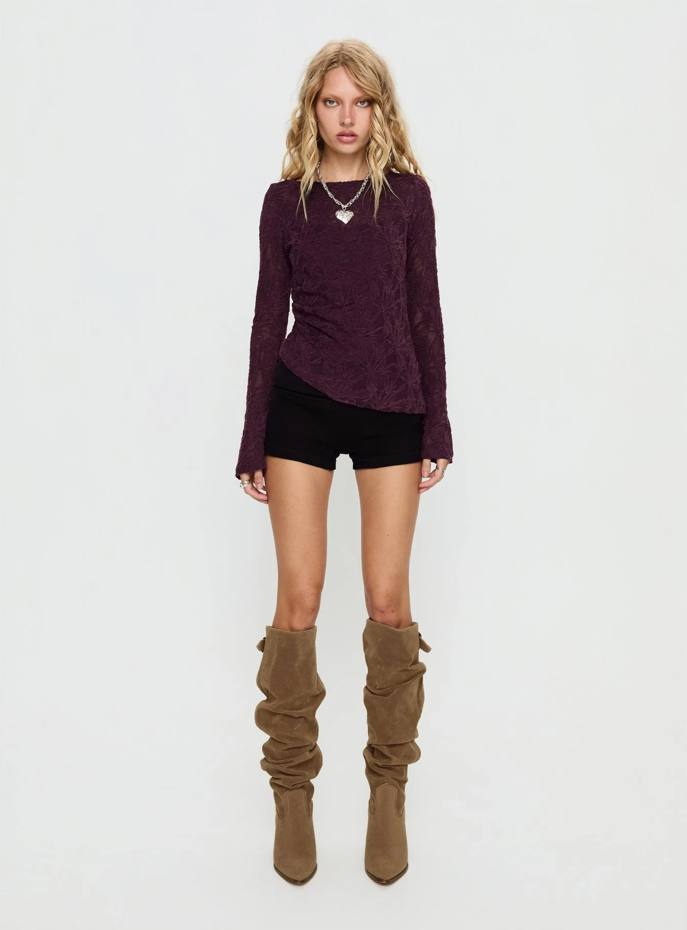 Branna Ruched Lace Long Sleeve Top Plum - Image 6