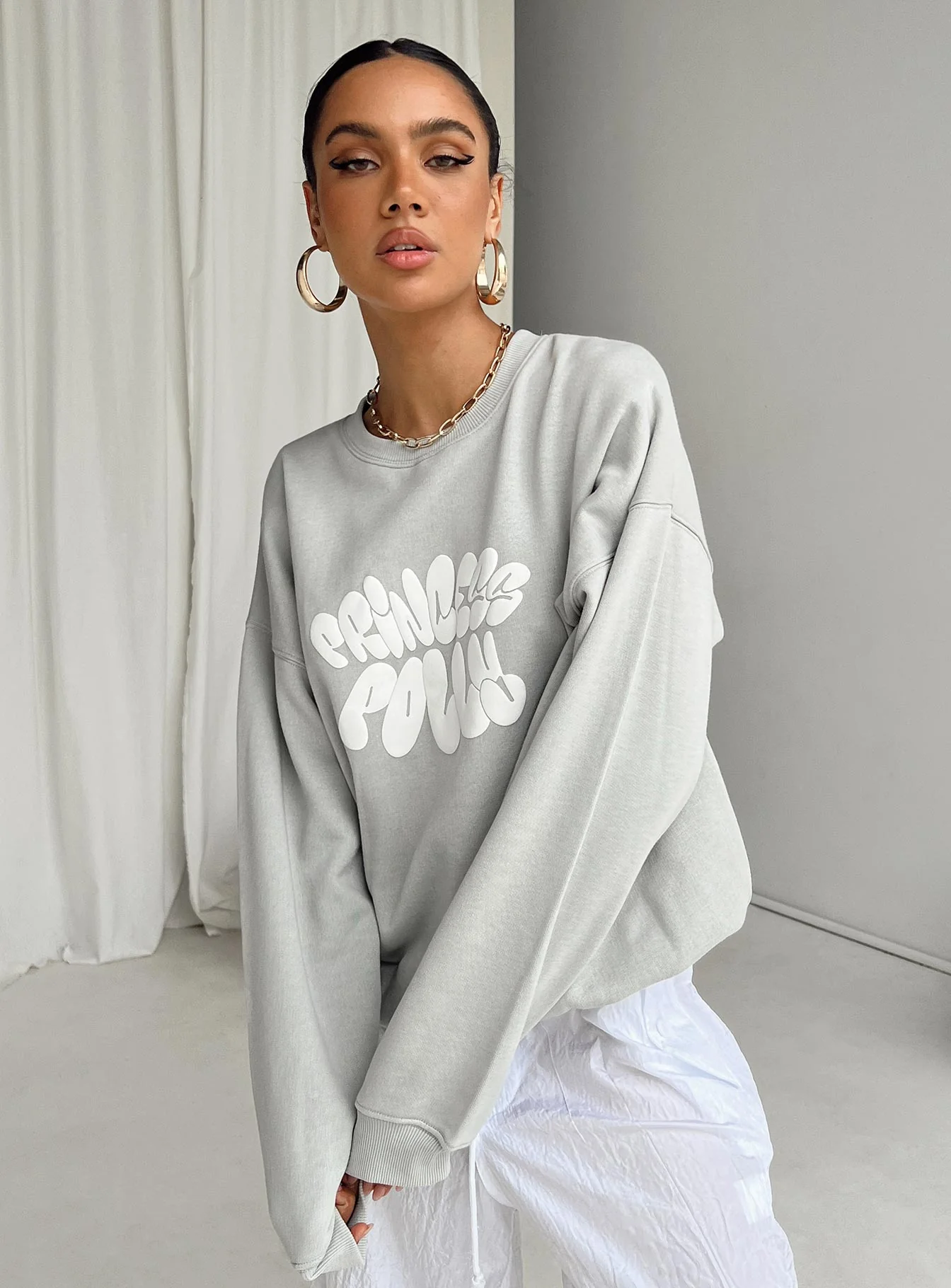 Princess Polly Crew Neck Sweatshirt Bubble Text Grey / Cloud White - Image 2