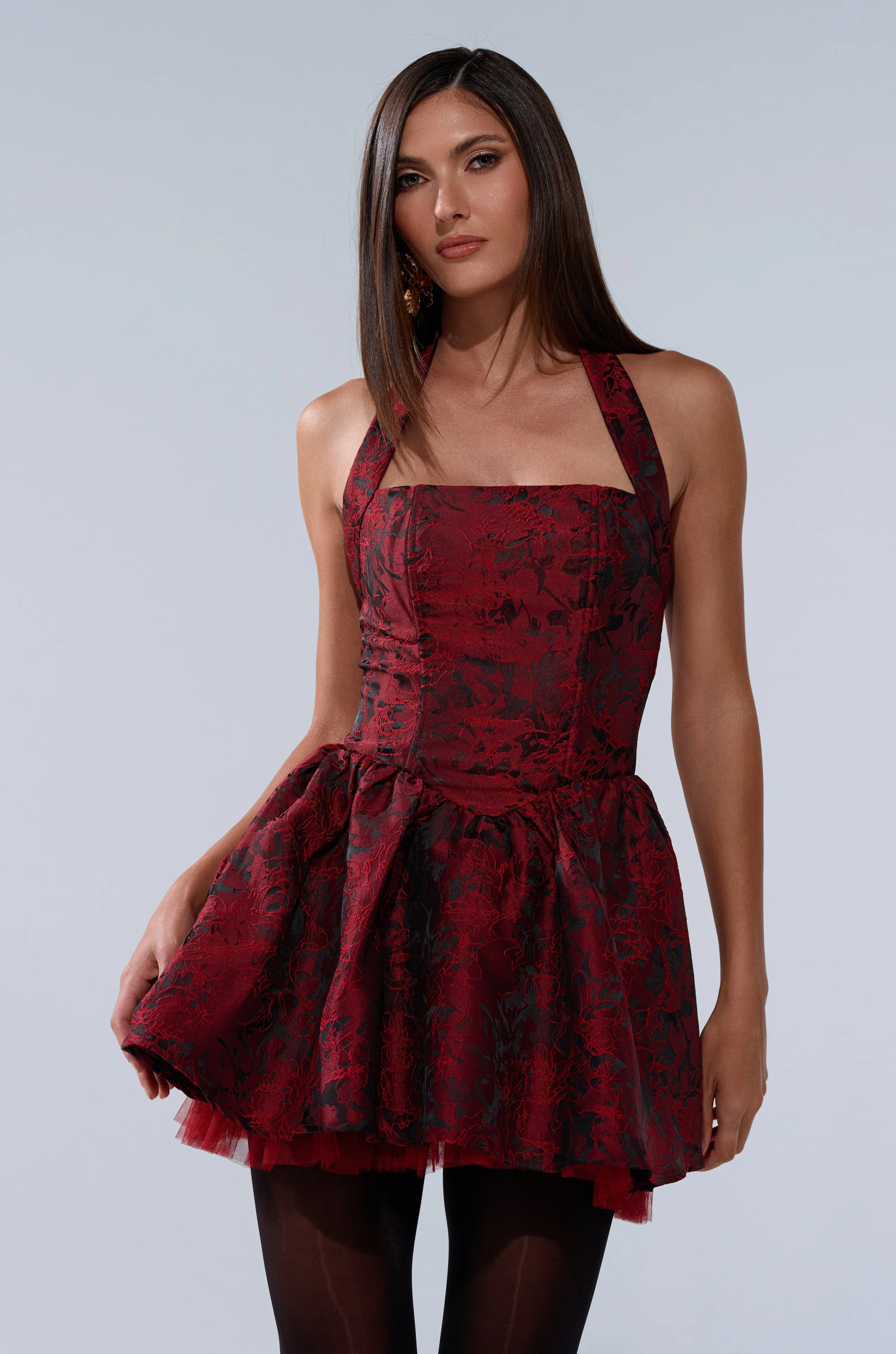 BRINA BROCADE MINI DRESS IN BURGUNDY - Image 2