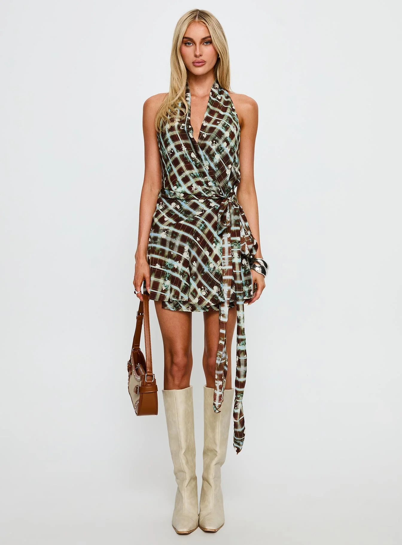 Brissa Halter Wrap Mini Dress Brown Multi - Image 6