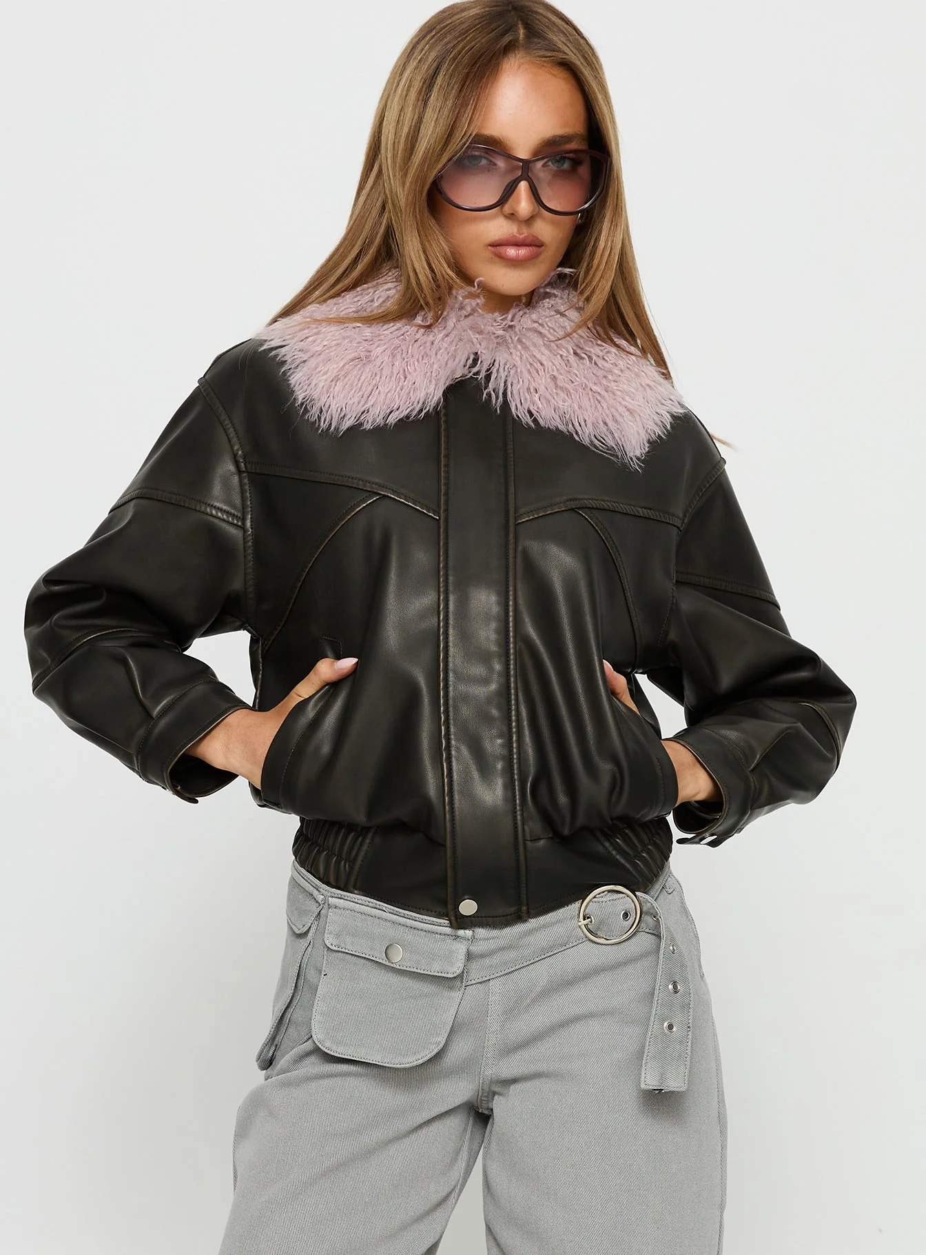 Brittanni Fluffy Collar Jacket Brown / Pink - Image 2