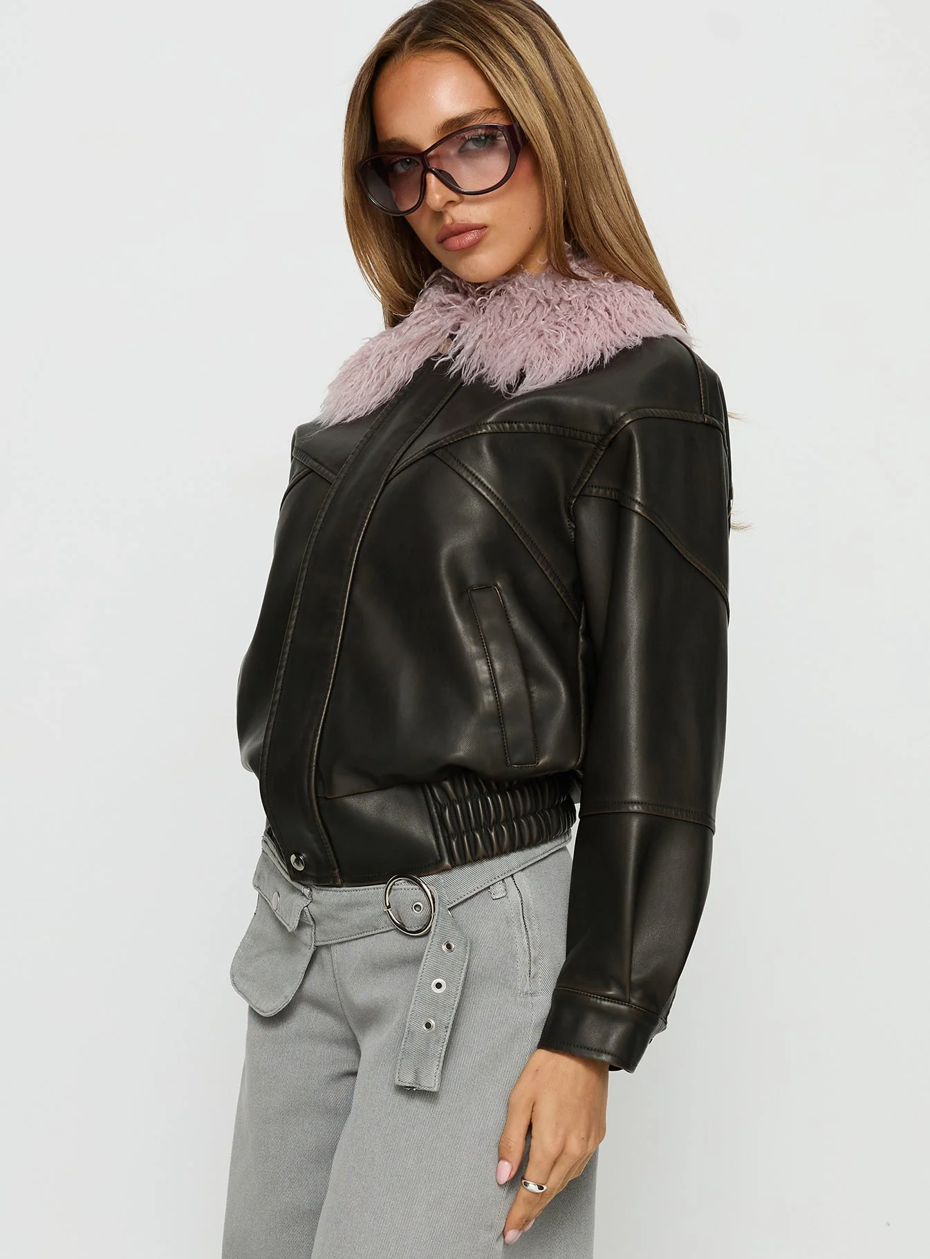 Brittanni Fluffy Collar Jacket Brown / Pink - Image 4