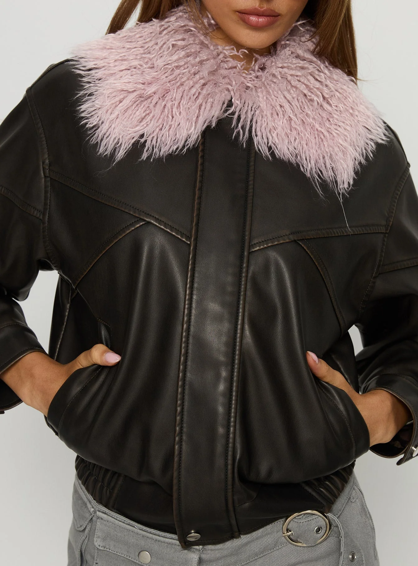 Brittanni Fluffy Collar Jacket Brown / Pink - Image 6