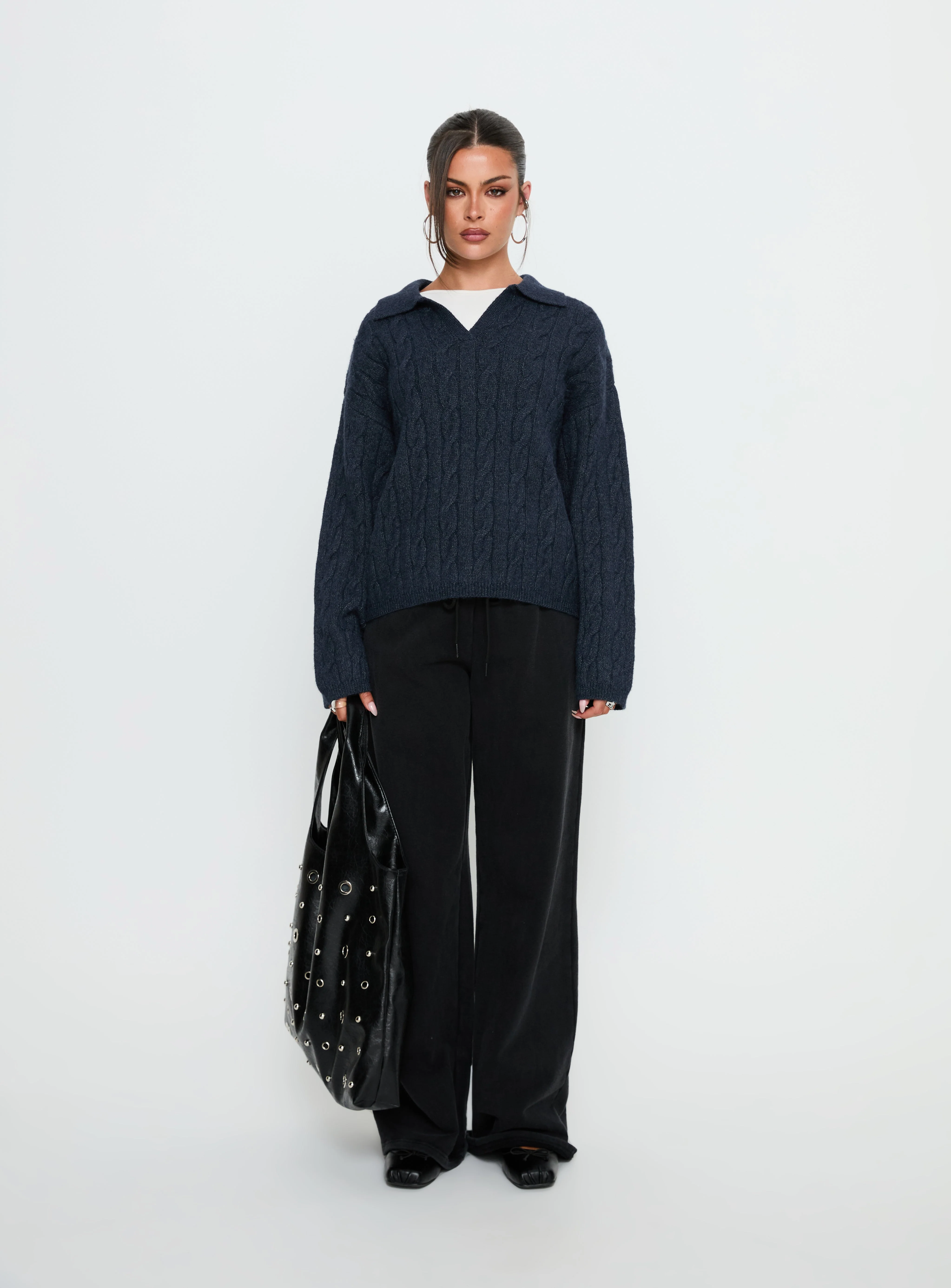 Brodey Collared Cable Knit Sweater Navy - Image 6