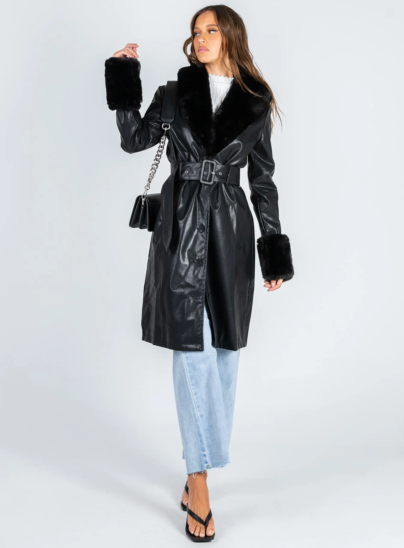 Brooklyn Faux Leather Long Coat Black - Image 4