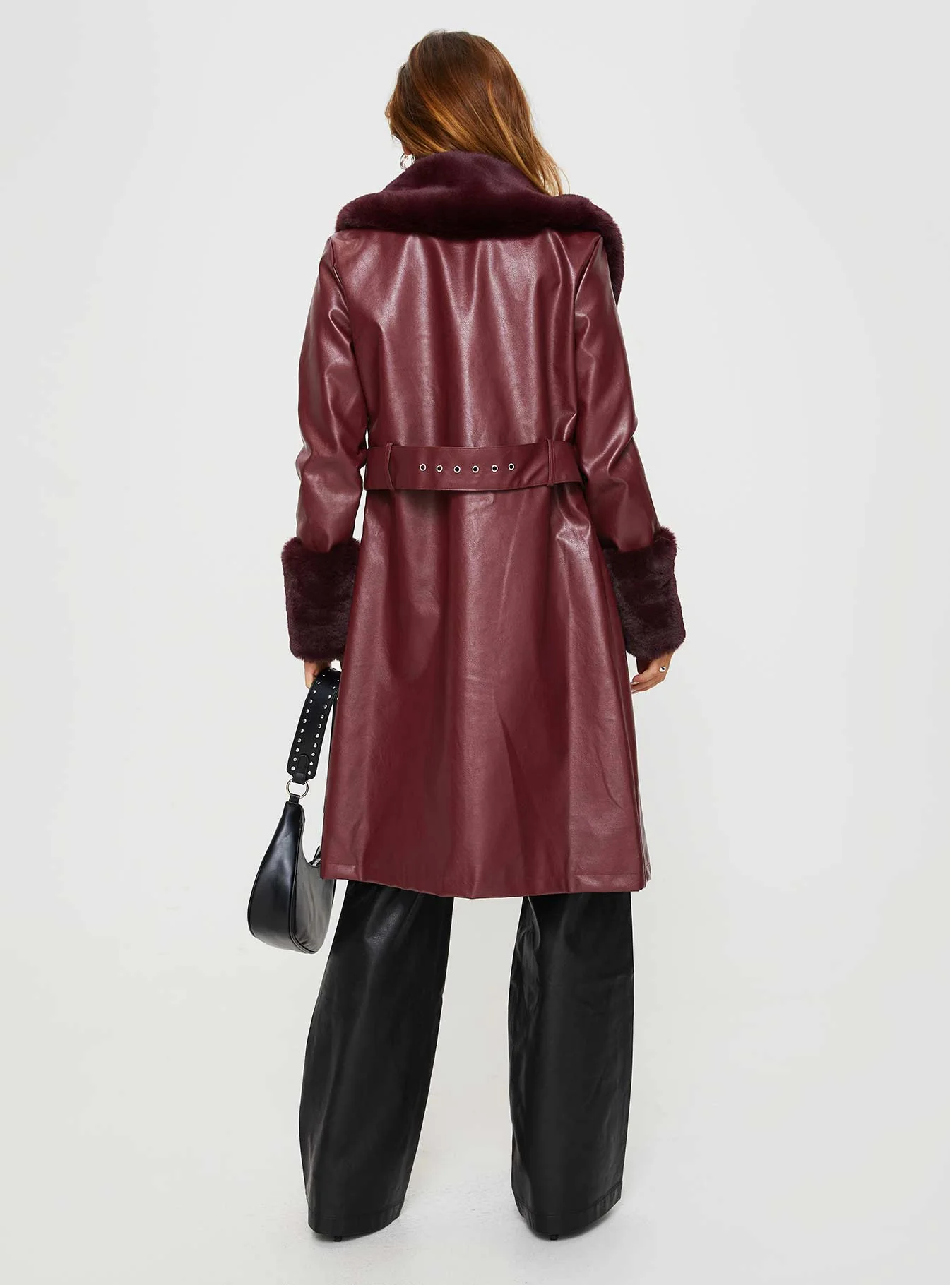 Brooklyn Faux Leather Longline Coat Burgundy - Image 4