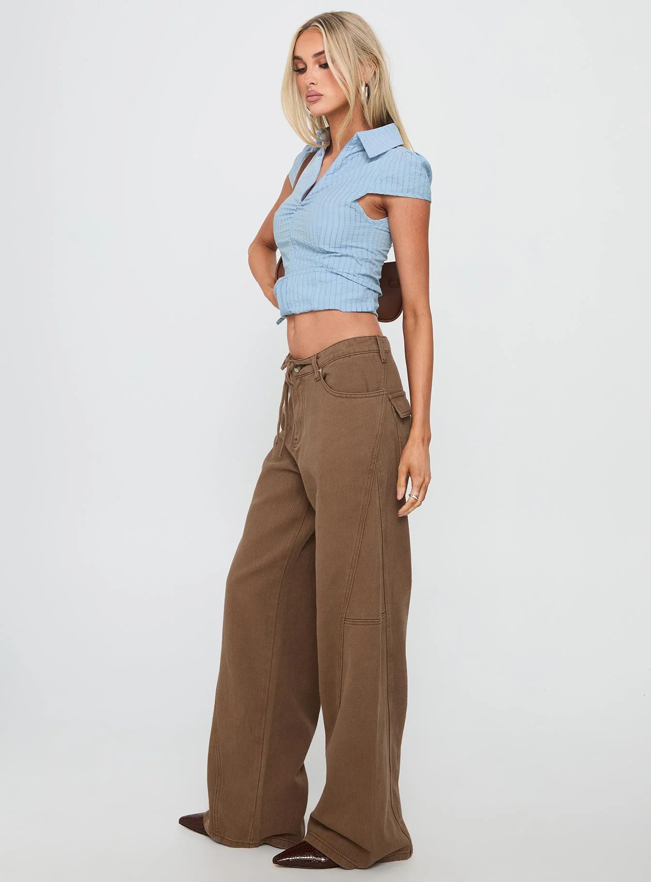 Bruiser Tie Waist Mid Rise Wide Leg Jeans Brown - Image 4
