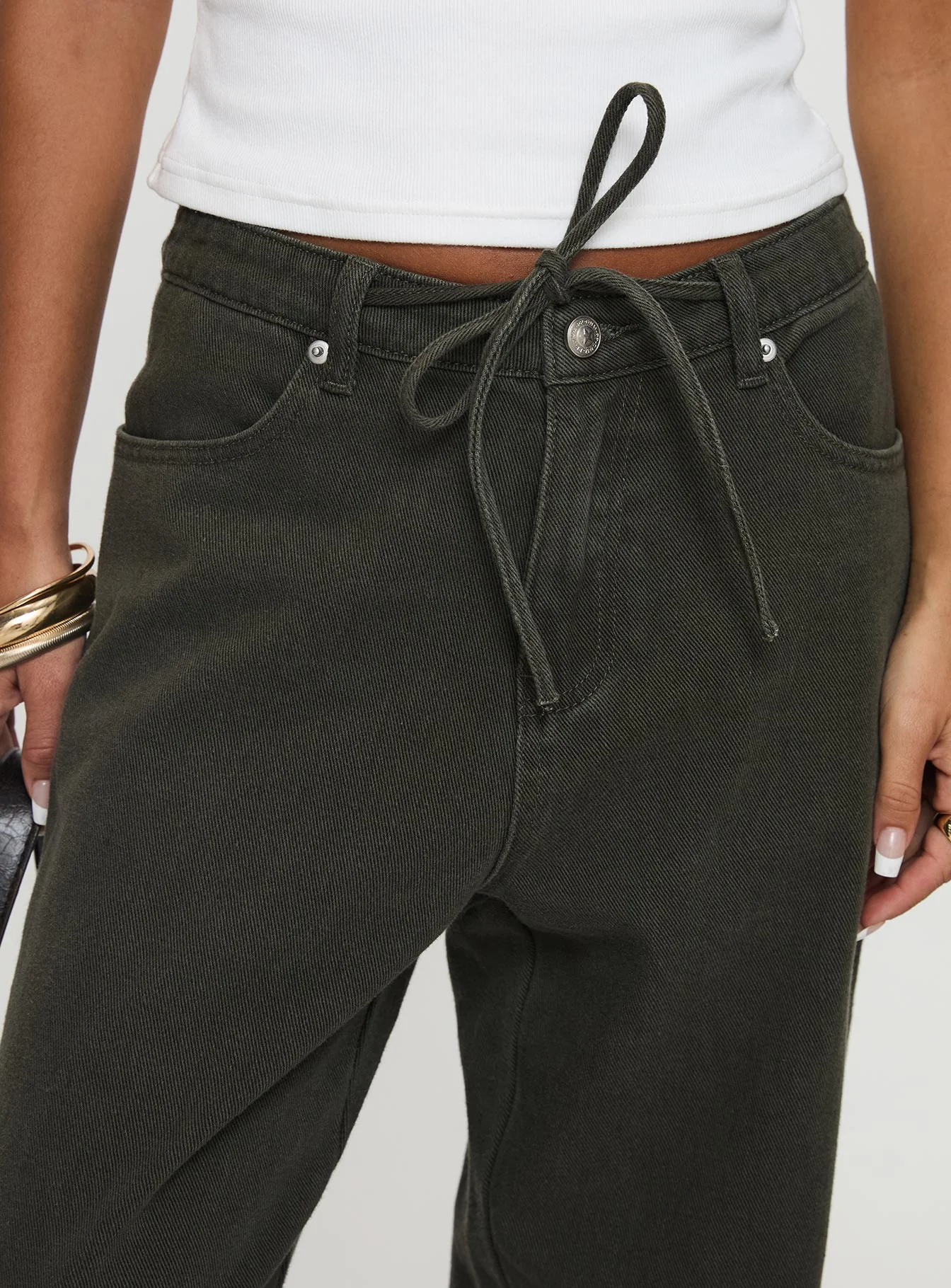 Bruiser Tie Waist Mid Rise Wide Leg Jeans Green Petite - Image 6