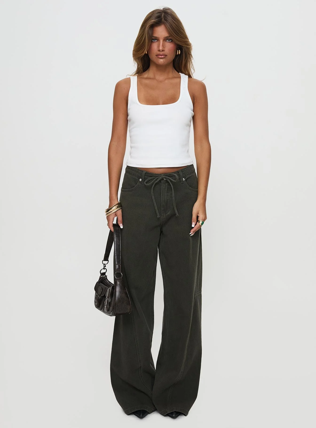 Bruiser Tie Waist Mid Rise Wide Leg Jeans Green Petite - Image 7