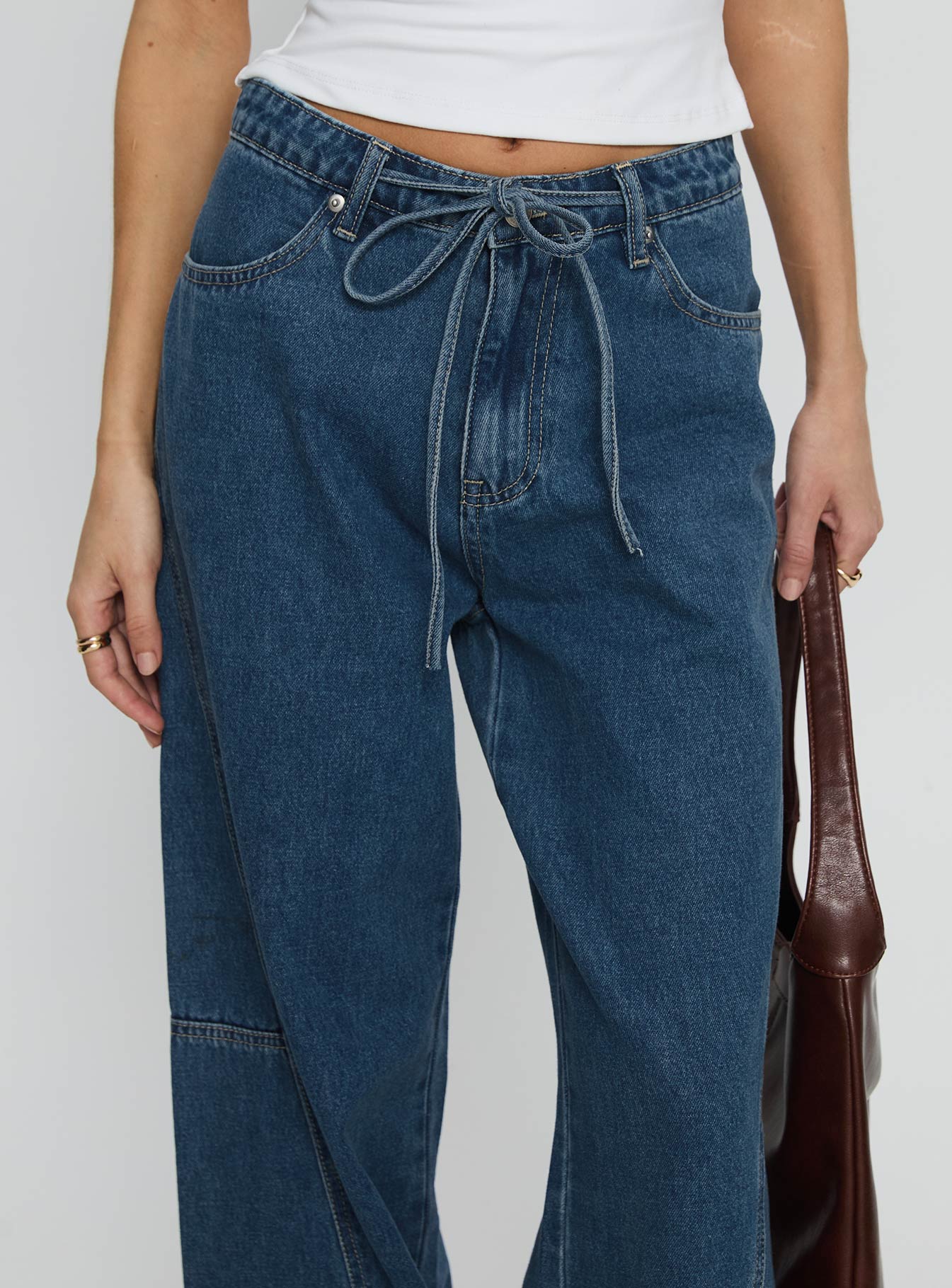 Bruiser Tie Waist Mid Rise Wide Leg Jeans Mid Blue Wash - Image 6