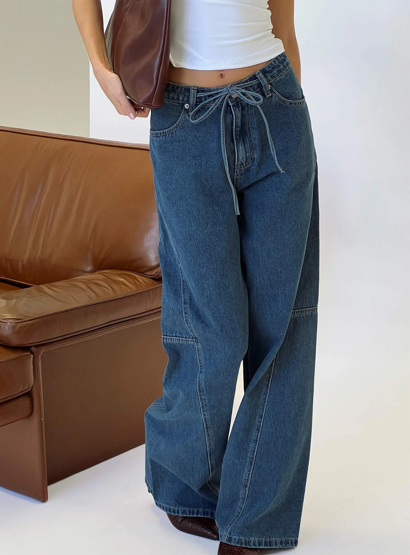 Bruiser Tie Waist Mid Rise Wide Leg Jeans Mid Blue Wash - Image 8