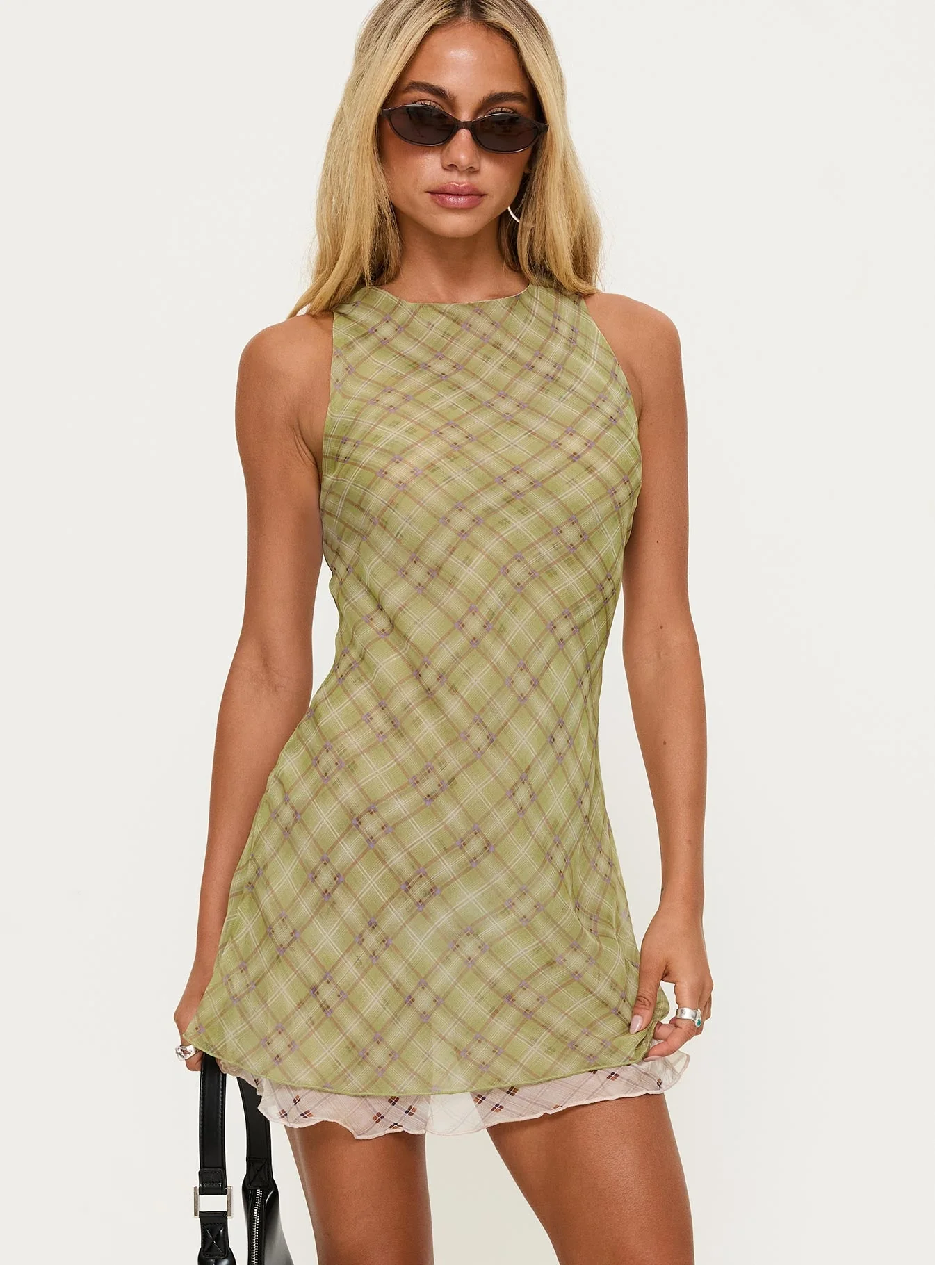 Buffie Shoulder Mini Dress Green Check - Image 2
