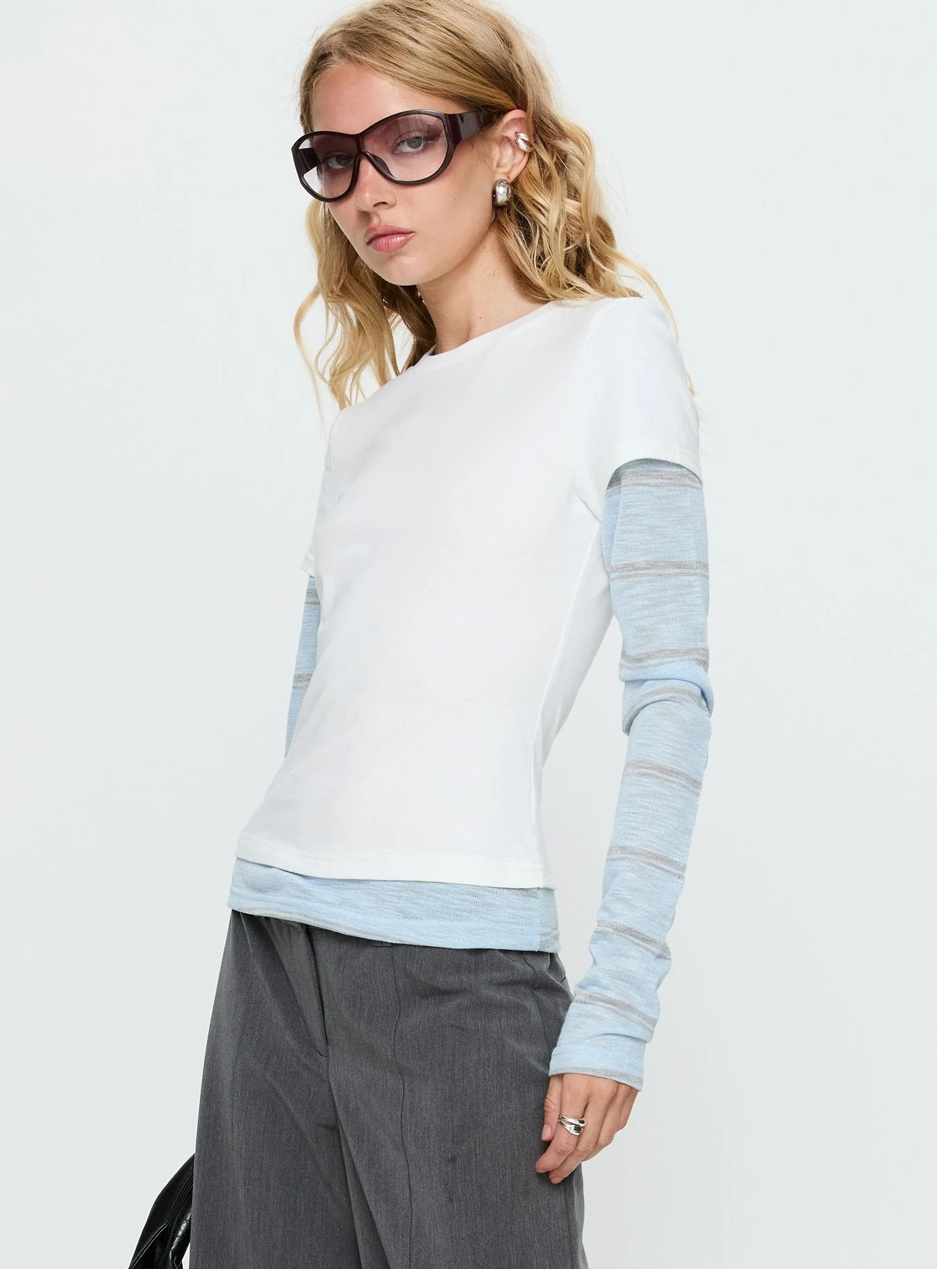 Caisey Layered Long Sleeve Top White / Blue Stripe - Image 4