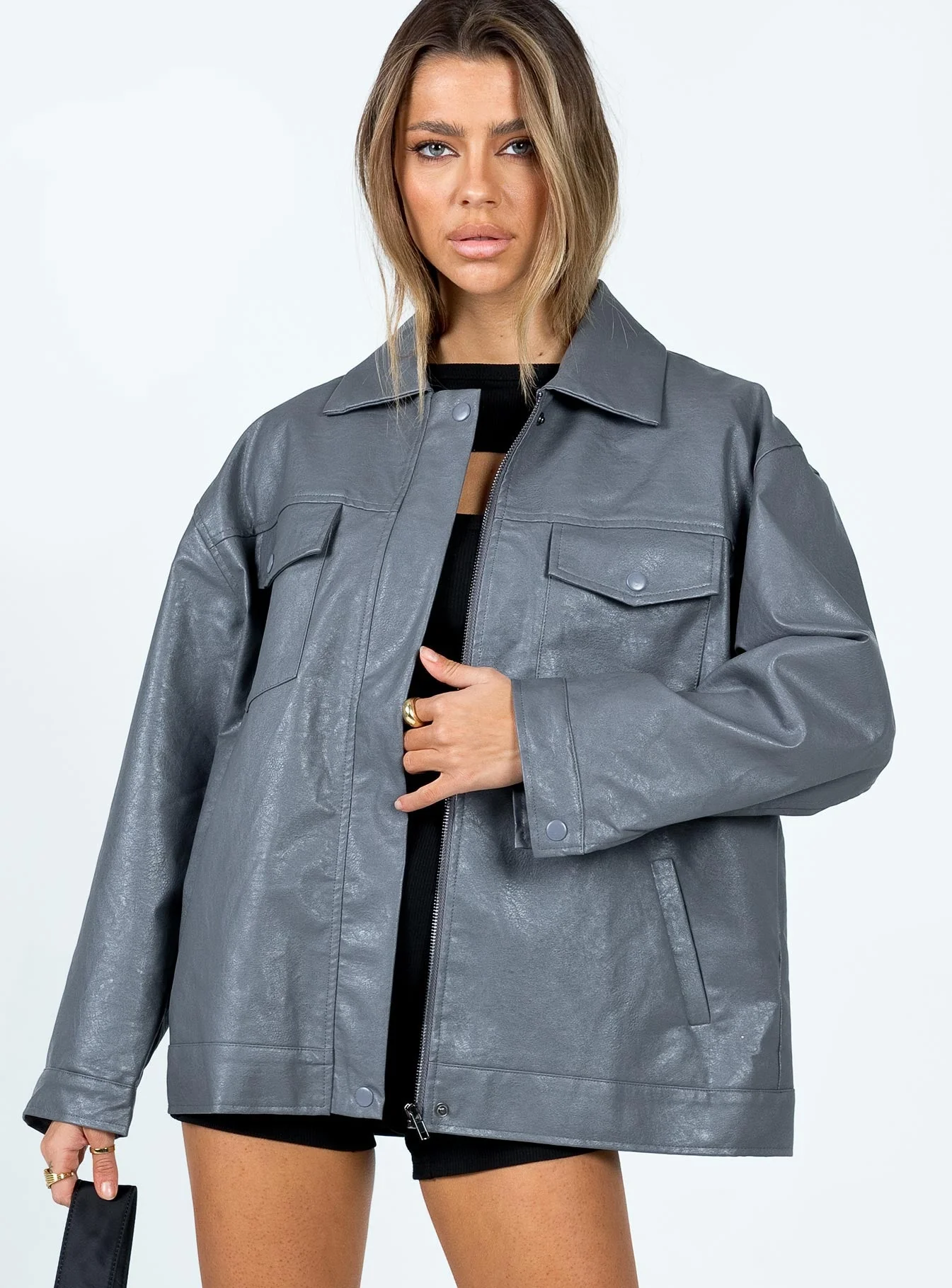 Callie Faux Leather Jacket Grey - Image 2