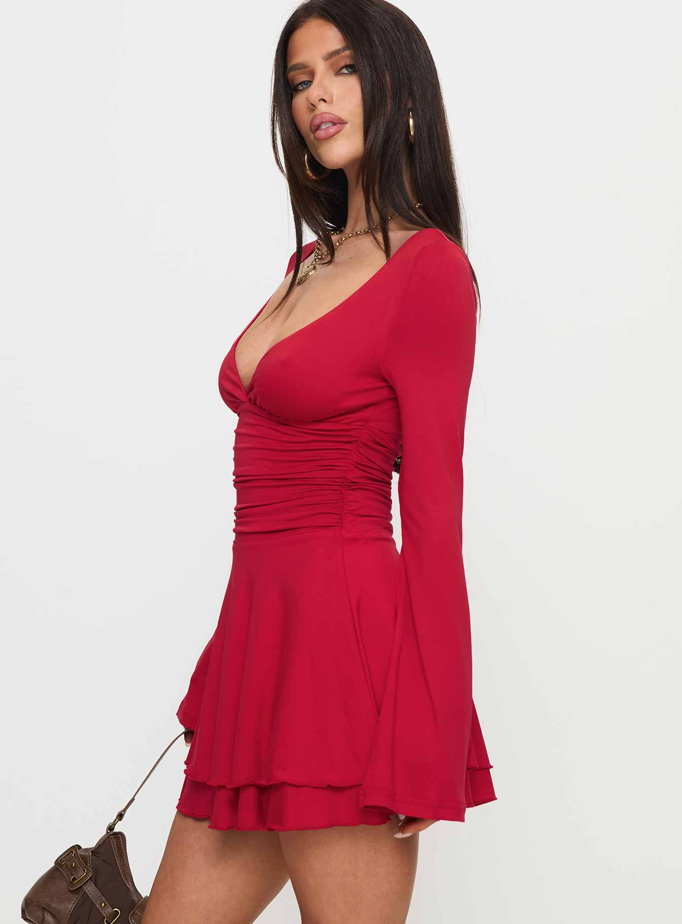 Canino Long Sleeve Mini Dress Red - Image 3