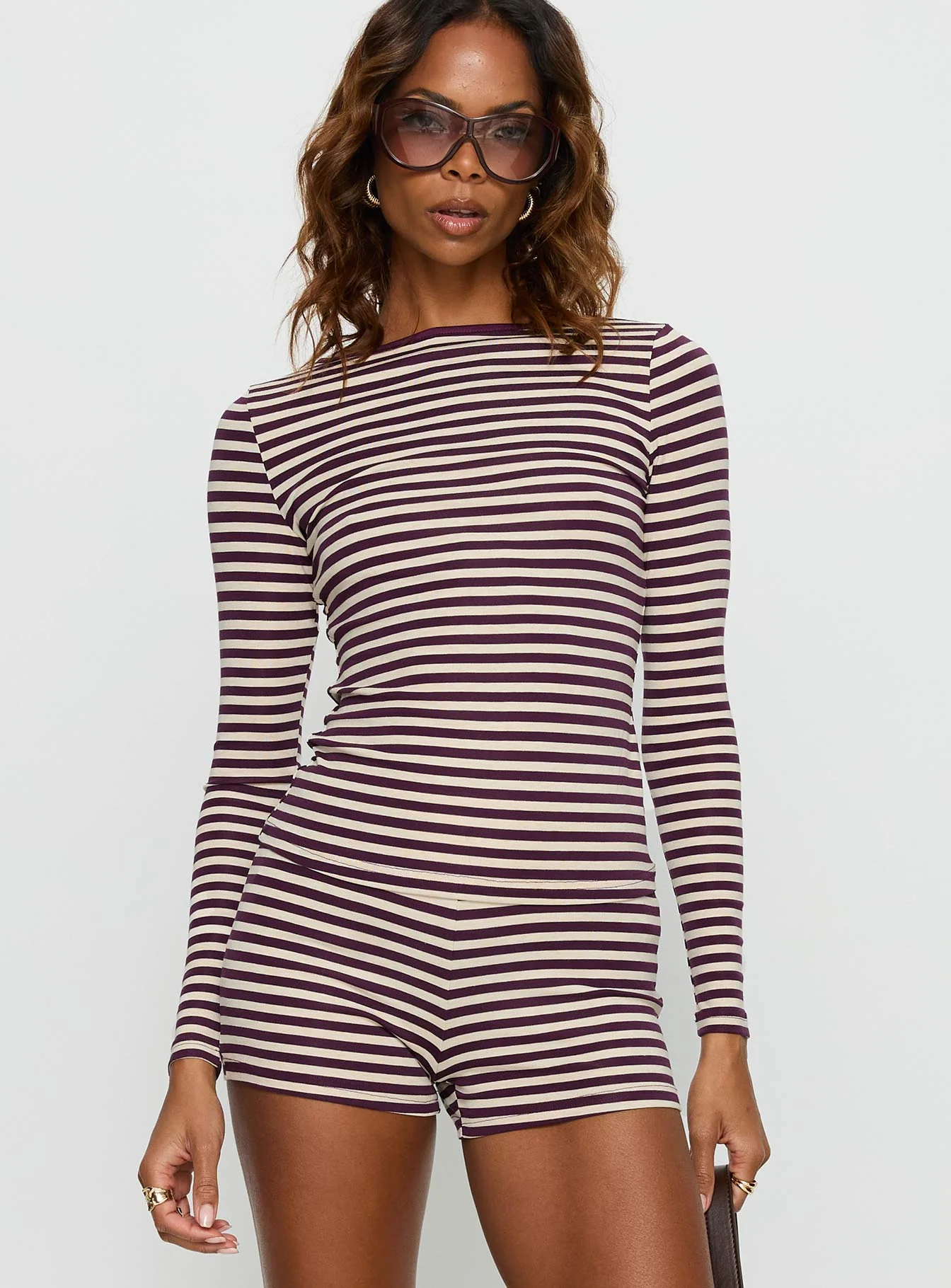 Caprise Wide Neck Long Sleeve Top Purple Stripe - Image 2