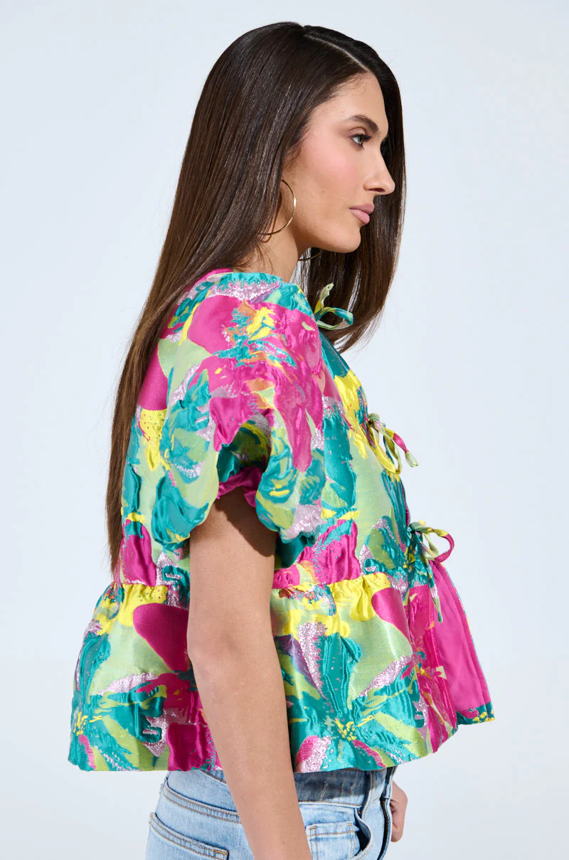 CARIBBEAN VIBES BROCADE TIE FRONT BLOUSE - Image 3