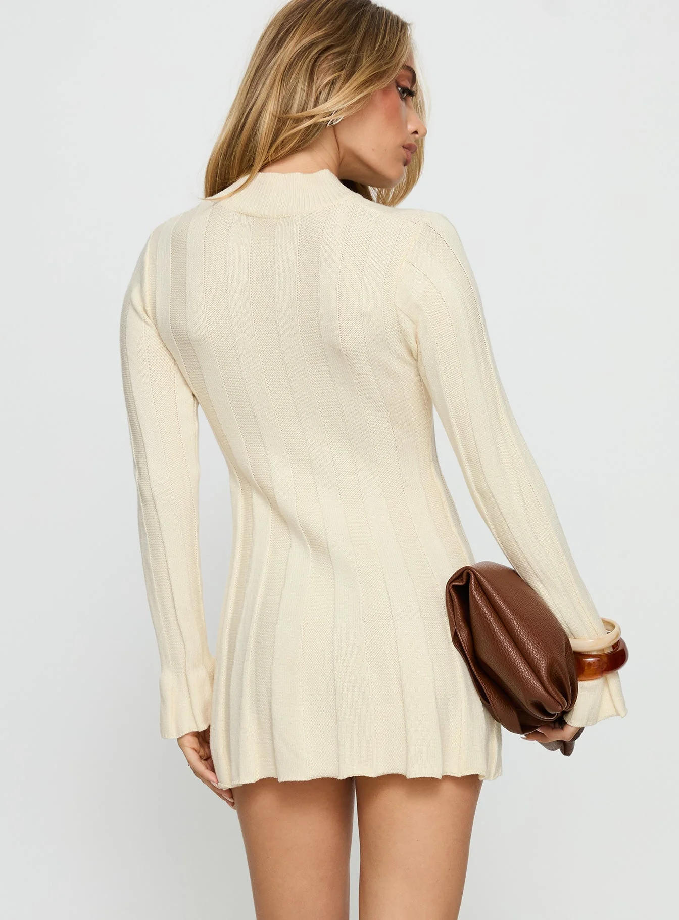 Carlee Rib Long Sleeve Mini Dress Cream - Image 5