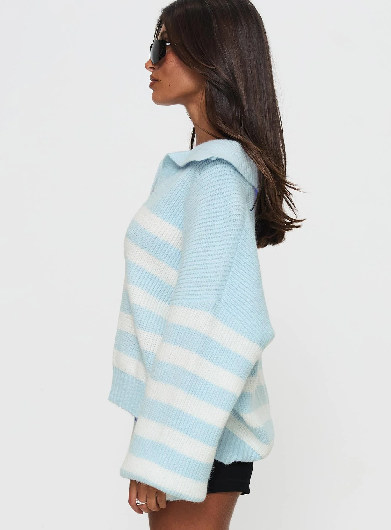 Carolena Long Sleeve Collared Knit Sweater Blue / White Stripe - Image 3
