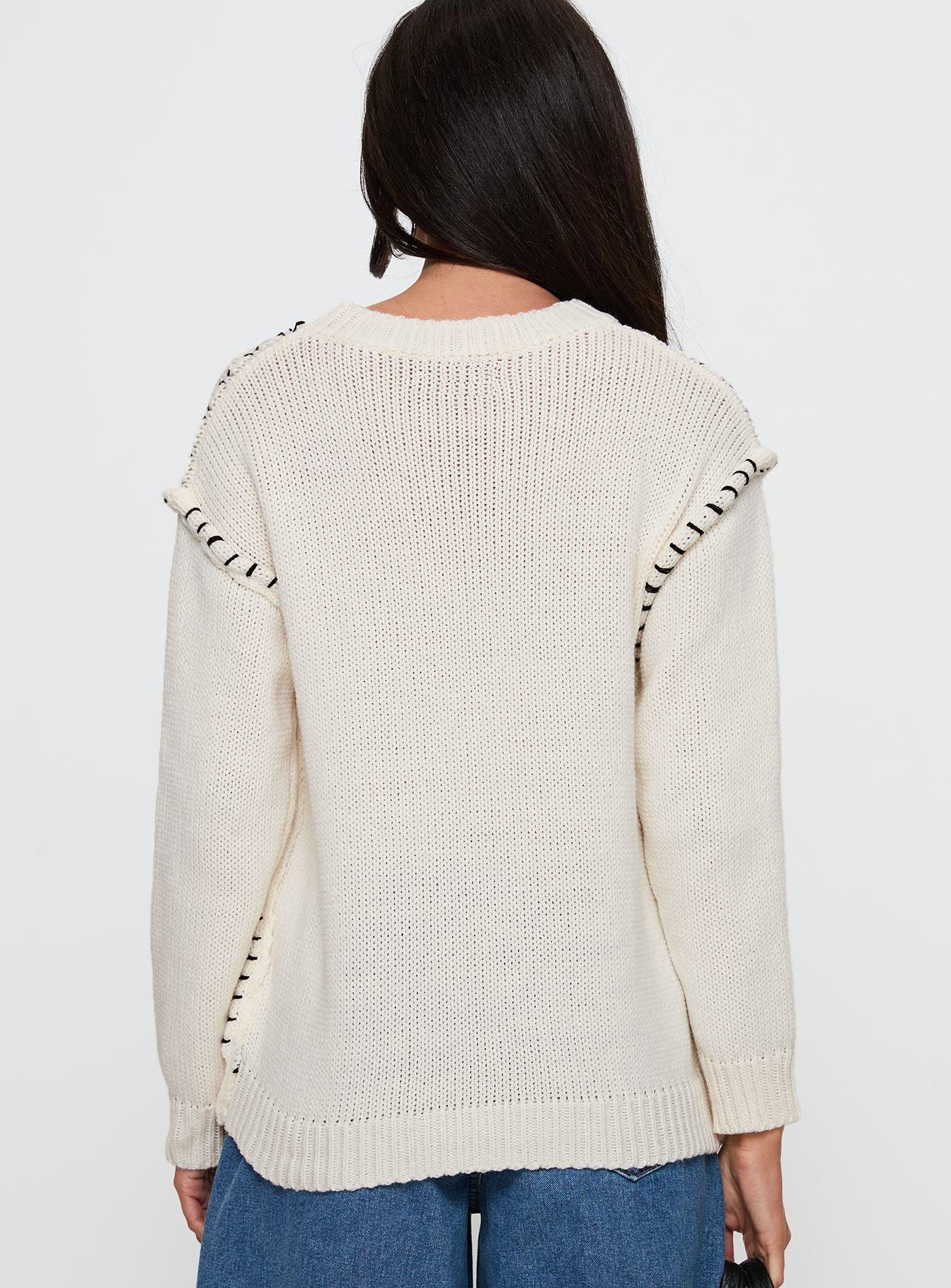 Change The Weather Contrast Stitch Knit Sweater Cream - Image 4