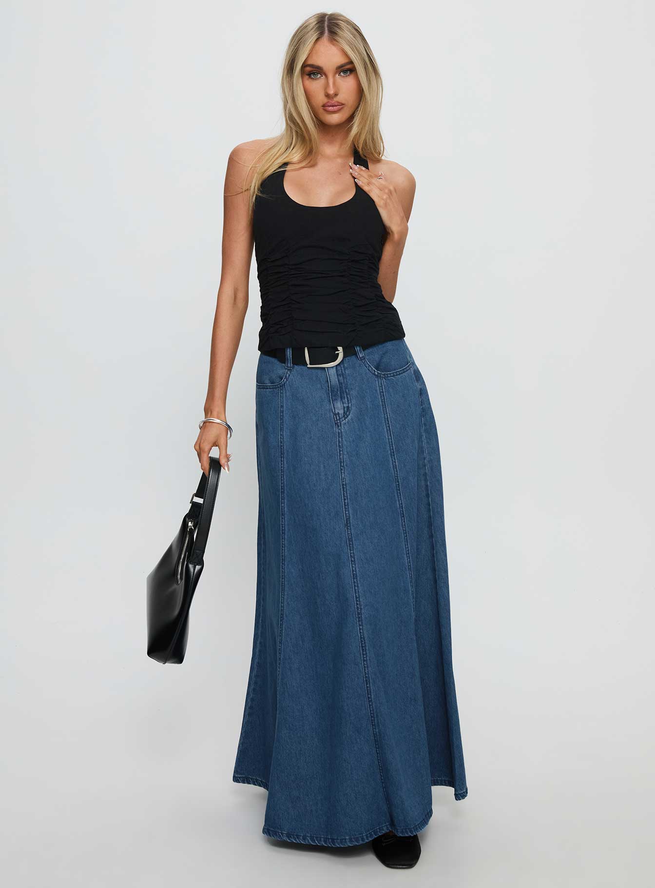 Charleigh Soft Pleat Denim Maxi Skirt Mid Blue Wash - Image 2