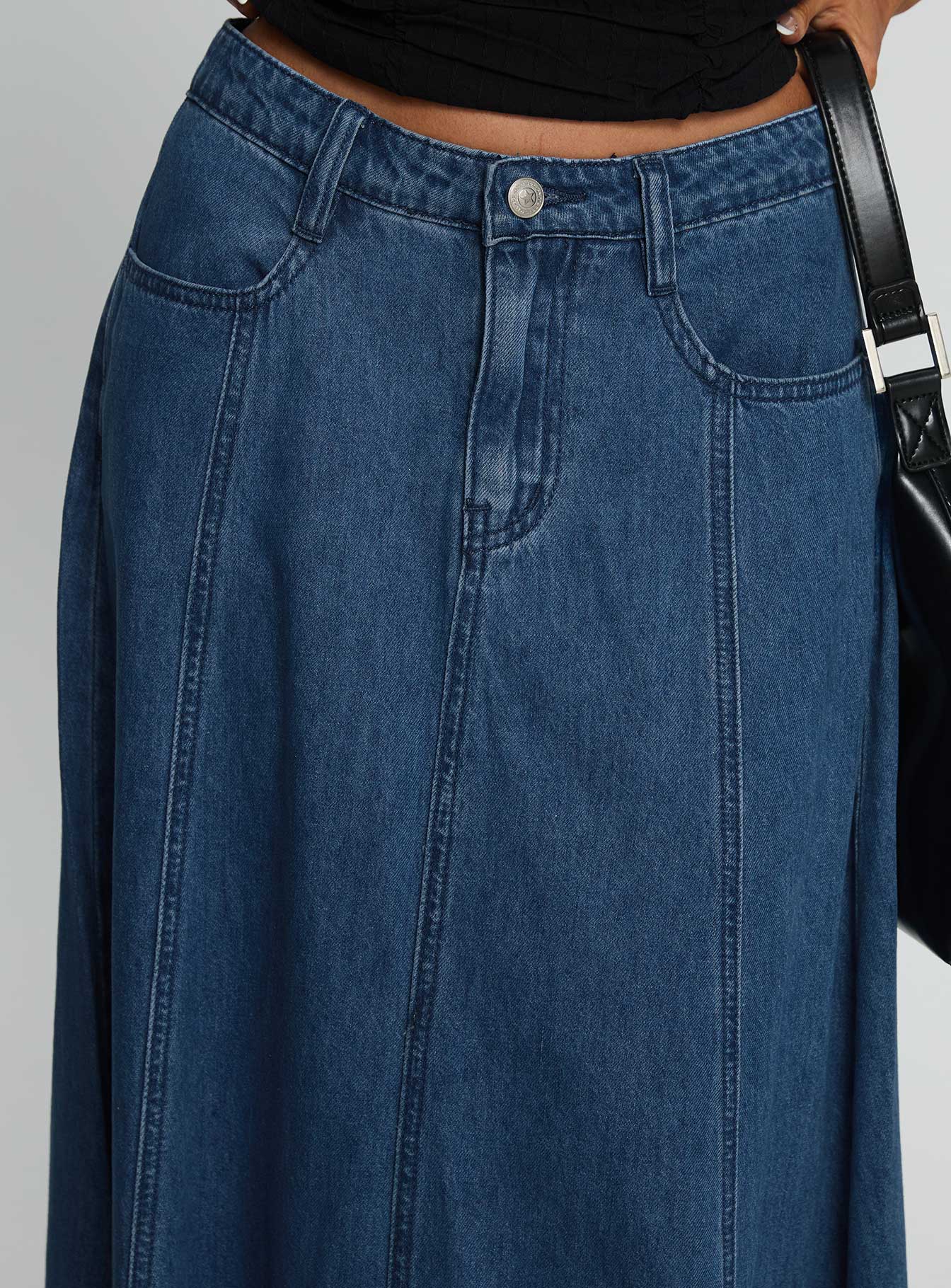 Charleigh Soft Pleat Denim Maxi Skirt Mid Blue Wash - Image 6