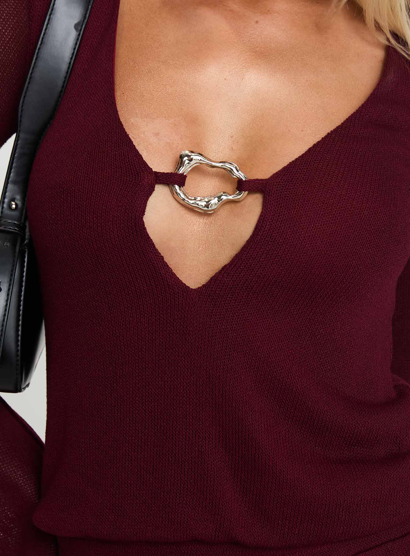 Charming Long Sleeve Mini Dress Maroon - Image 5