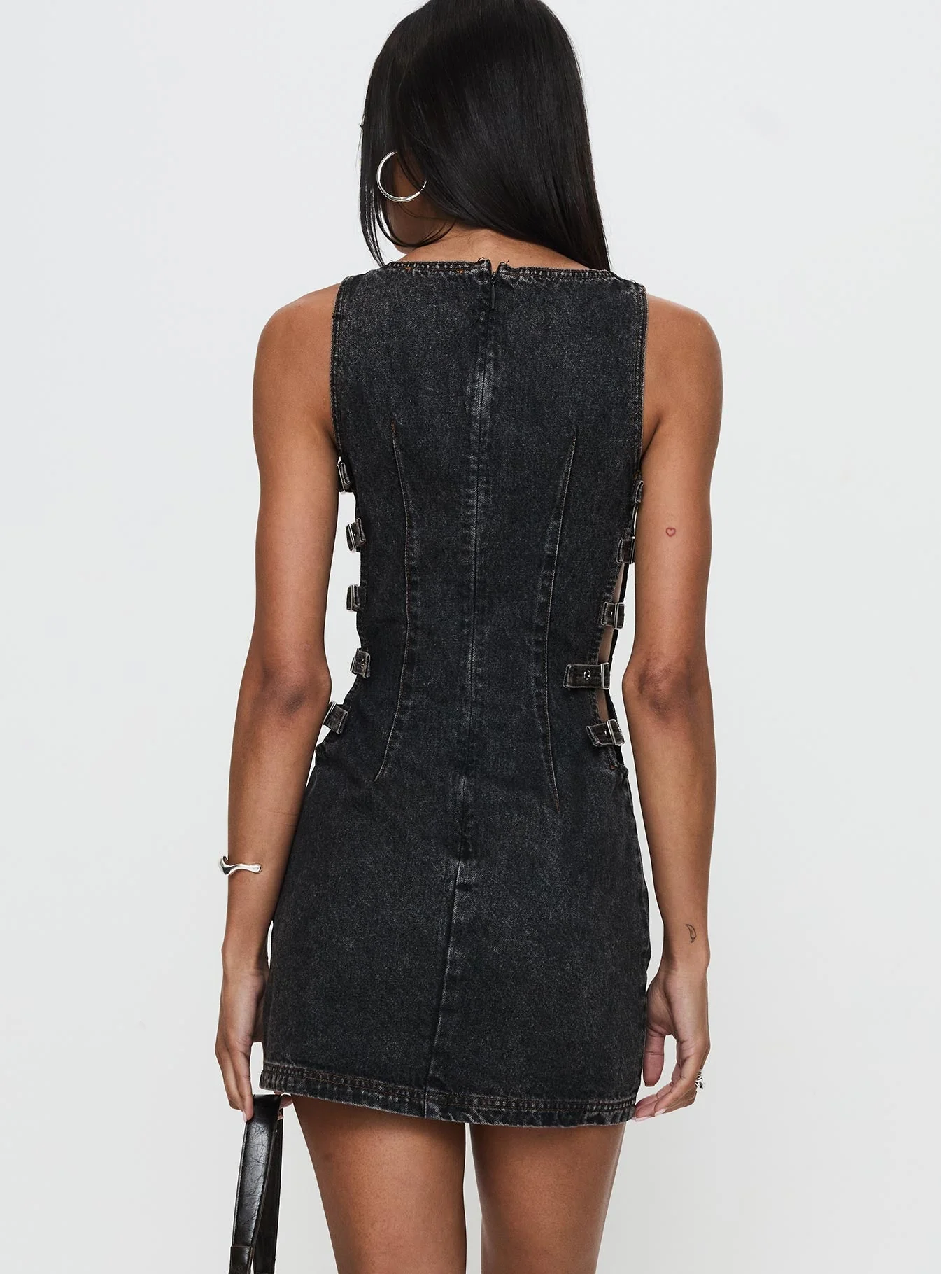 Chatter Buckle Side Denim Mini Dress Charcoal - Image 5