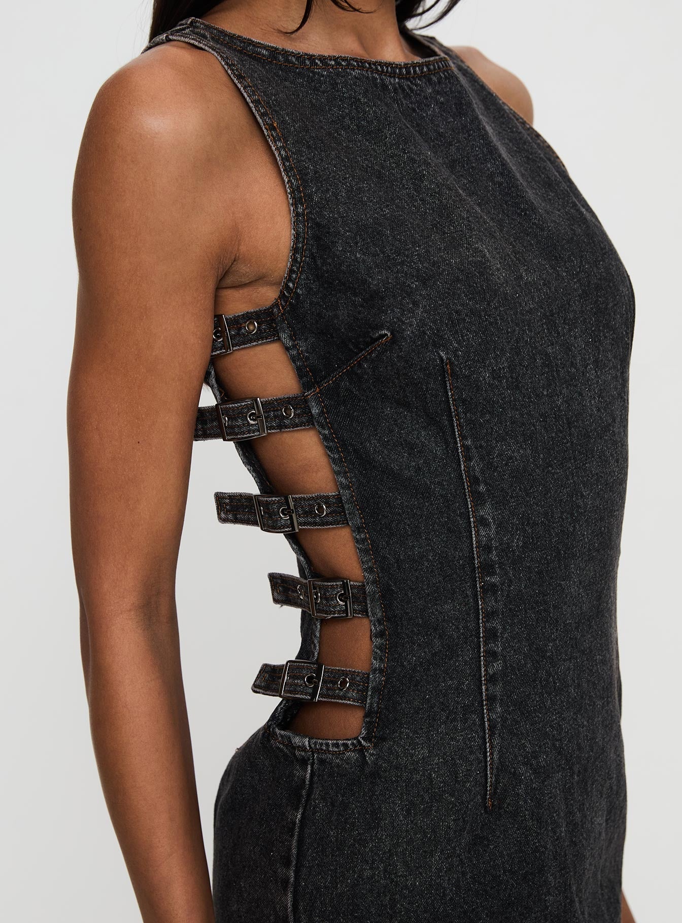 Chatter Buckle Side Denim Mini Dress Charcoal - Image 6
