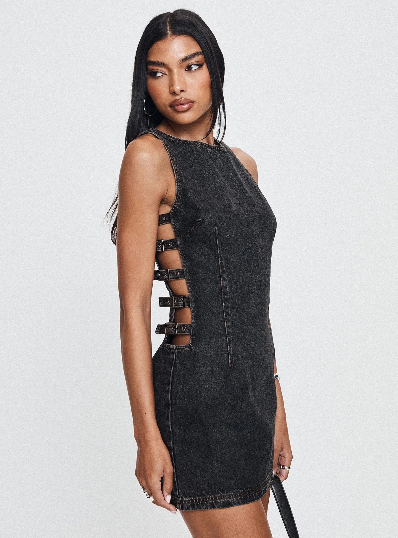 Chatter Buckle Side Denim Mini Dress Charcoal - Image 8