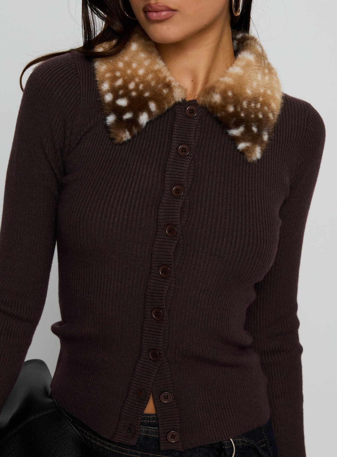 Chiqueeta Faux Fur Trim Knit Cardigan Brown - Image 6