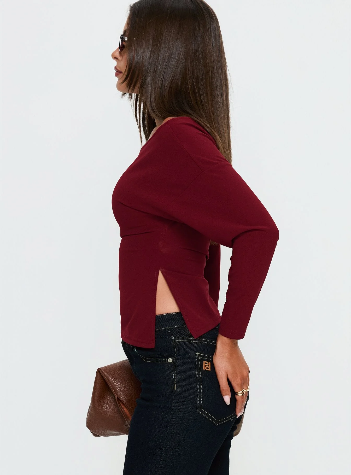 Cieara Off Shoulder Long Sleeve Top Burgundy - Image 3