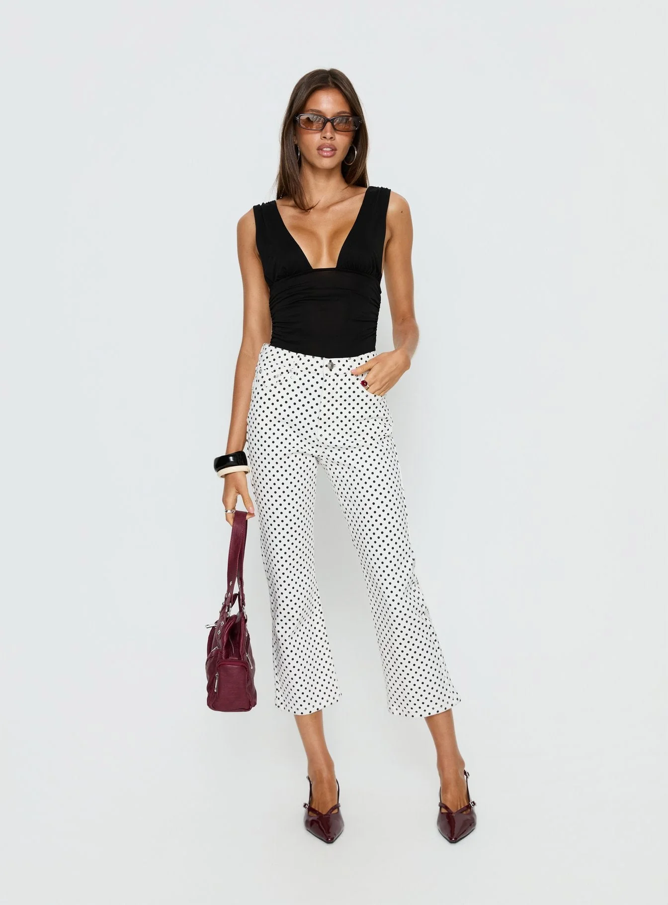 Cindee High Rise Cropped Jeans White Polka Dot - Image 3