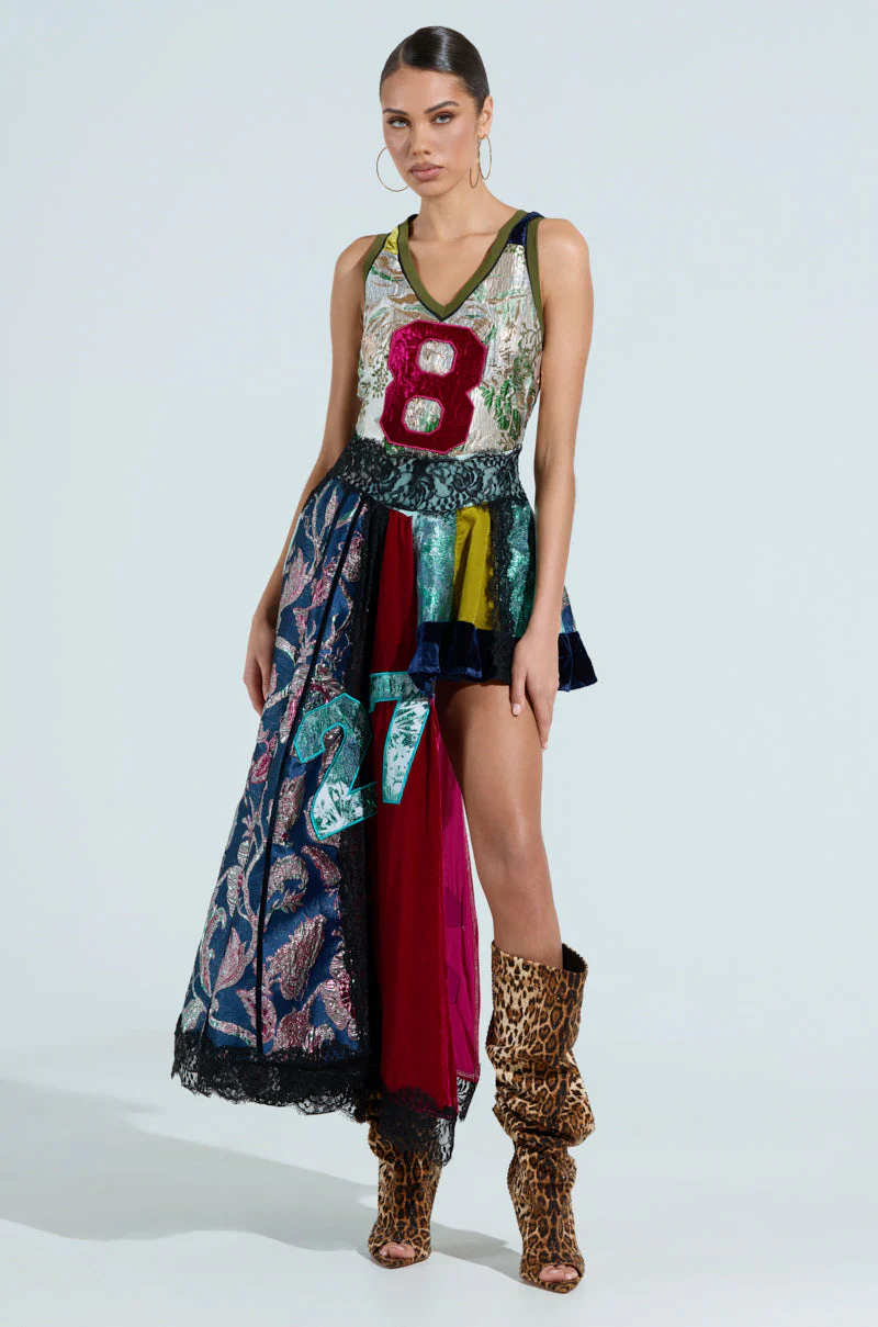 CLEAT CHASER LAYERED JERSEY HIGH LOW DRESS IN BROCADE - Image 2