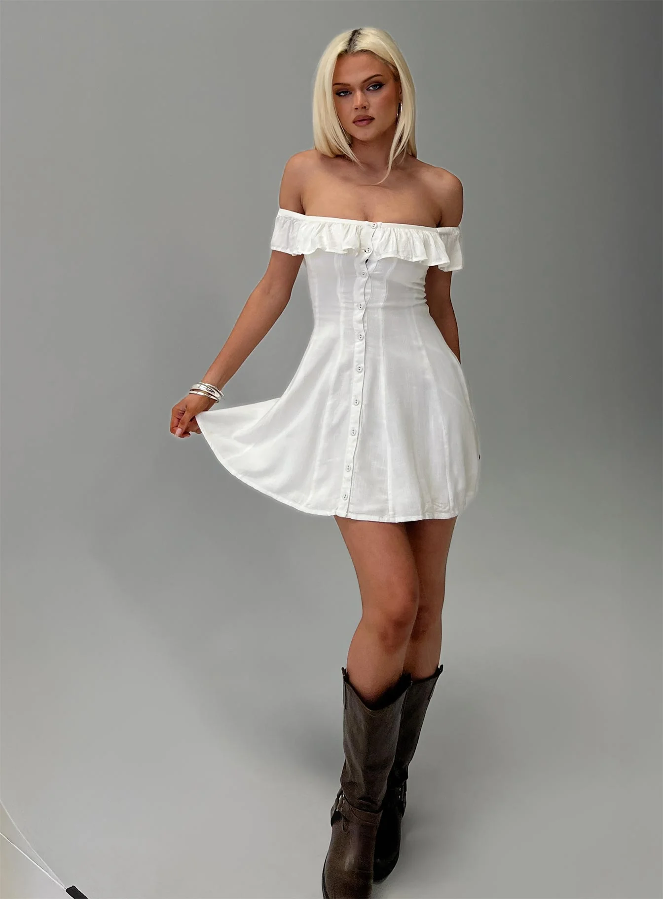 Corail Off Shoulder Frill Mini Dress White - Image 8
