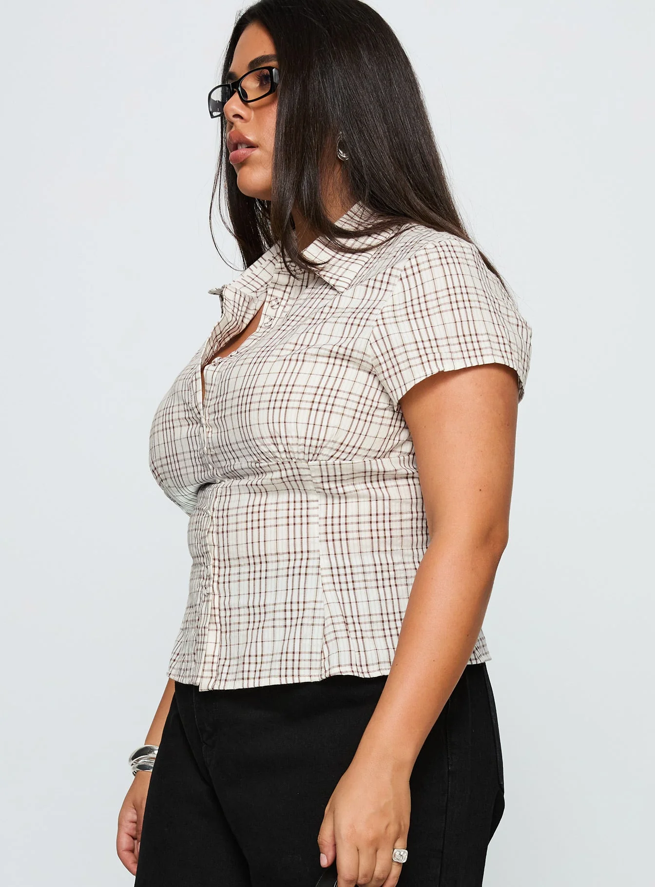 Cottesloe Blouse Top Brown Check Curve - Image 4