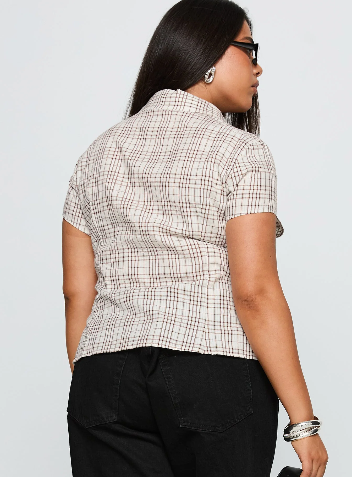 Cottesloe Blouse Top Brown Check Curve - Image 5