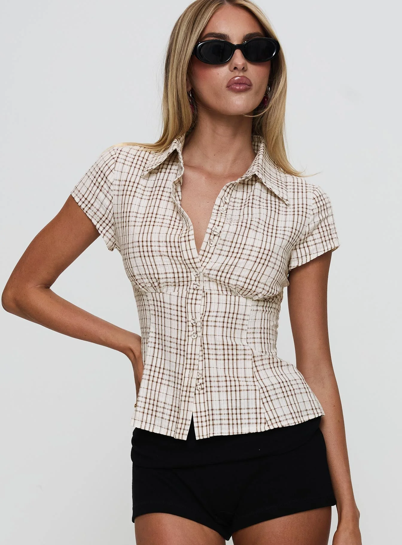 Cottesloe Blouse Top Brown Check - Image 2