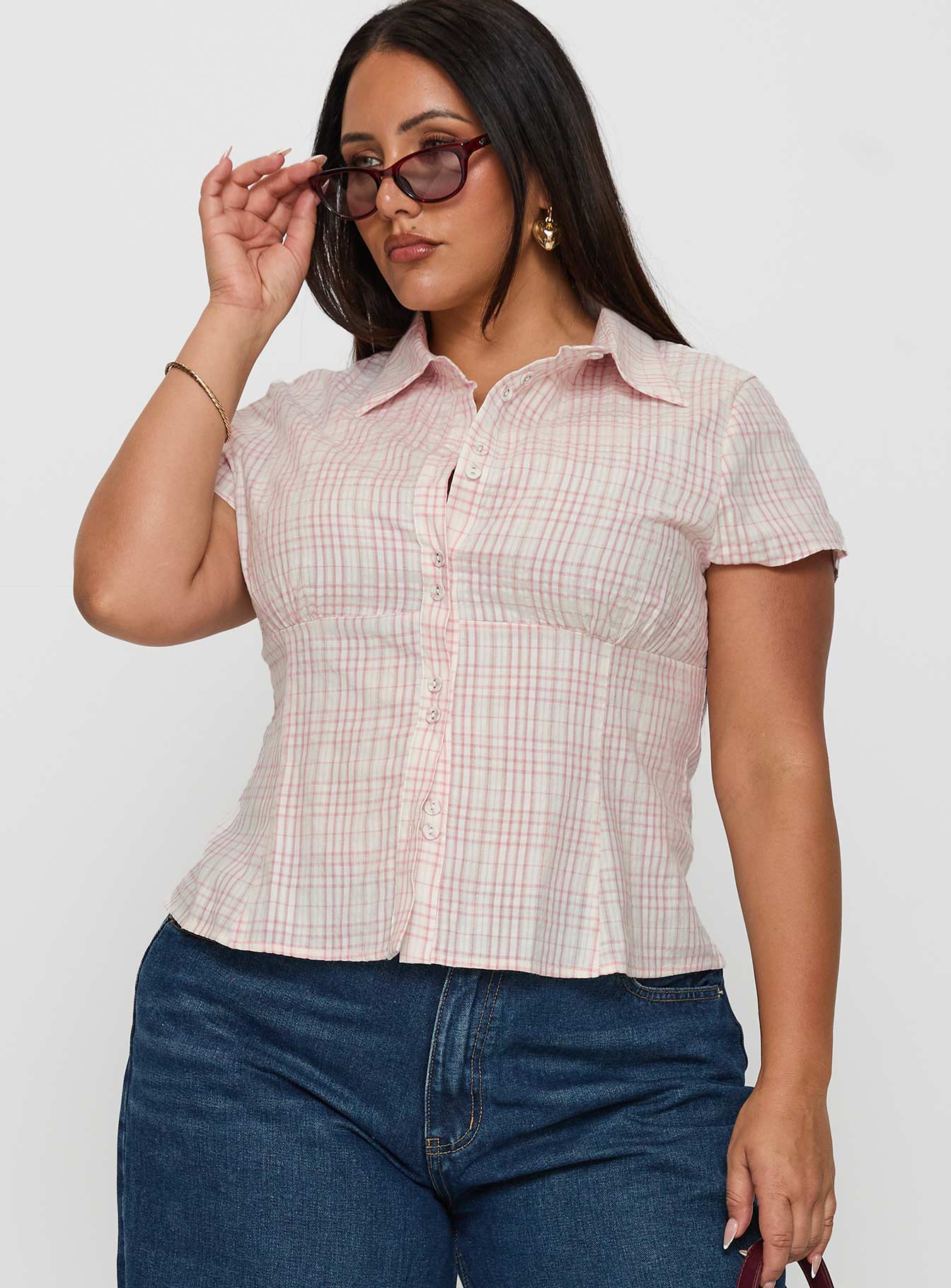 Cottesloe Blouse Top Pink Check Curve - Image 2