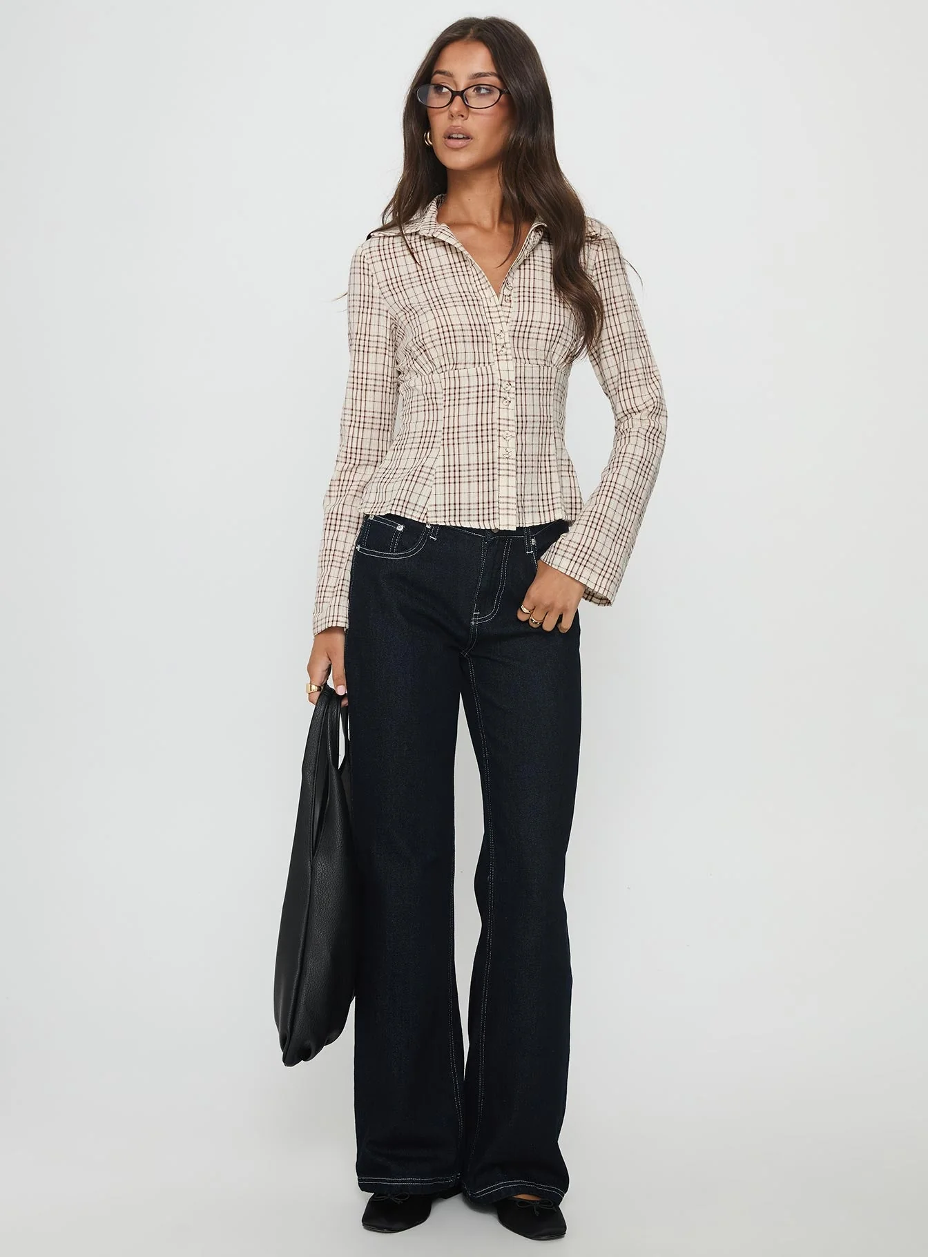 Cottesloe Long Sleeve Blouse Top Brown Check - Image 3