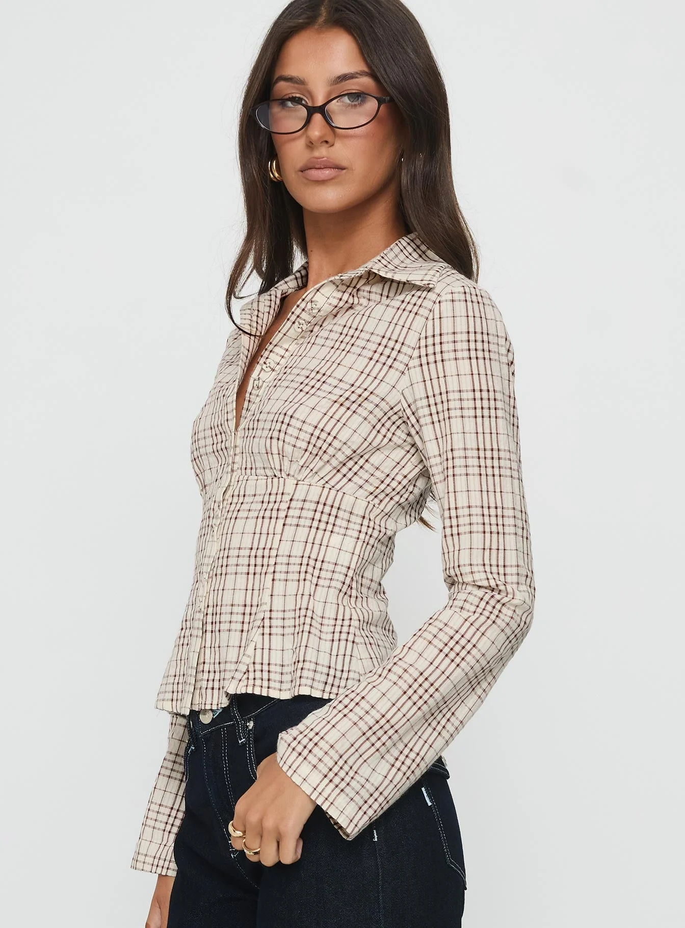 Cottesloe Long Sleeve Blouse Top Brown Check - Image 4