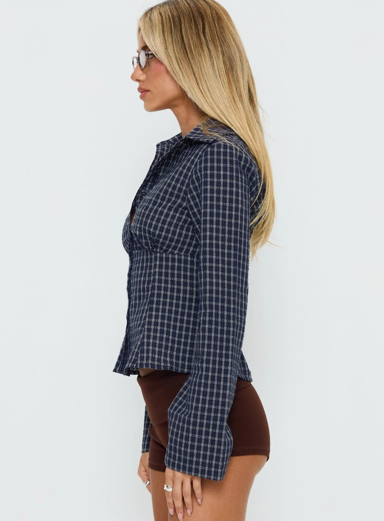Cottesloe Long Sleeve Blouse Top Navy Check - Image 4