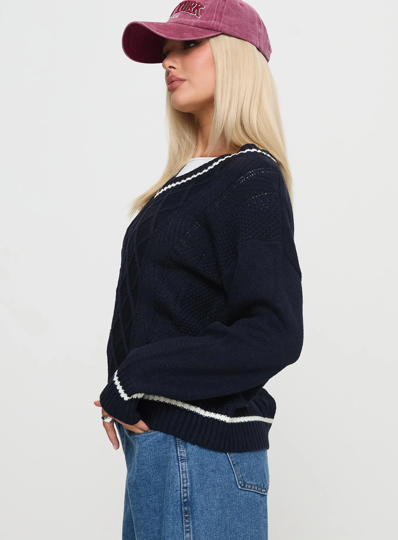 Covina V Neck Knit Sweater Navy - Image 3