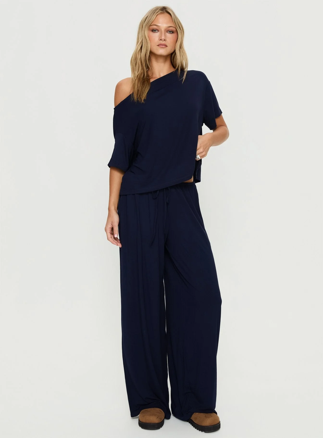 Cozy Hour Sleep Relaxed Off Shoulder Top Navy - Image 3
