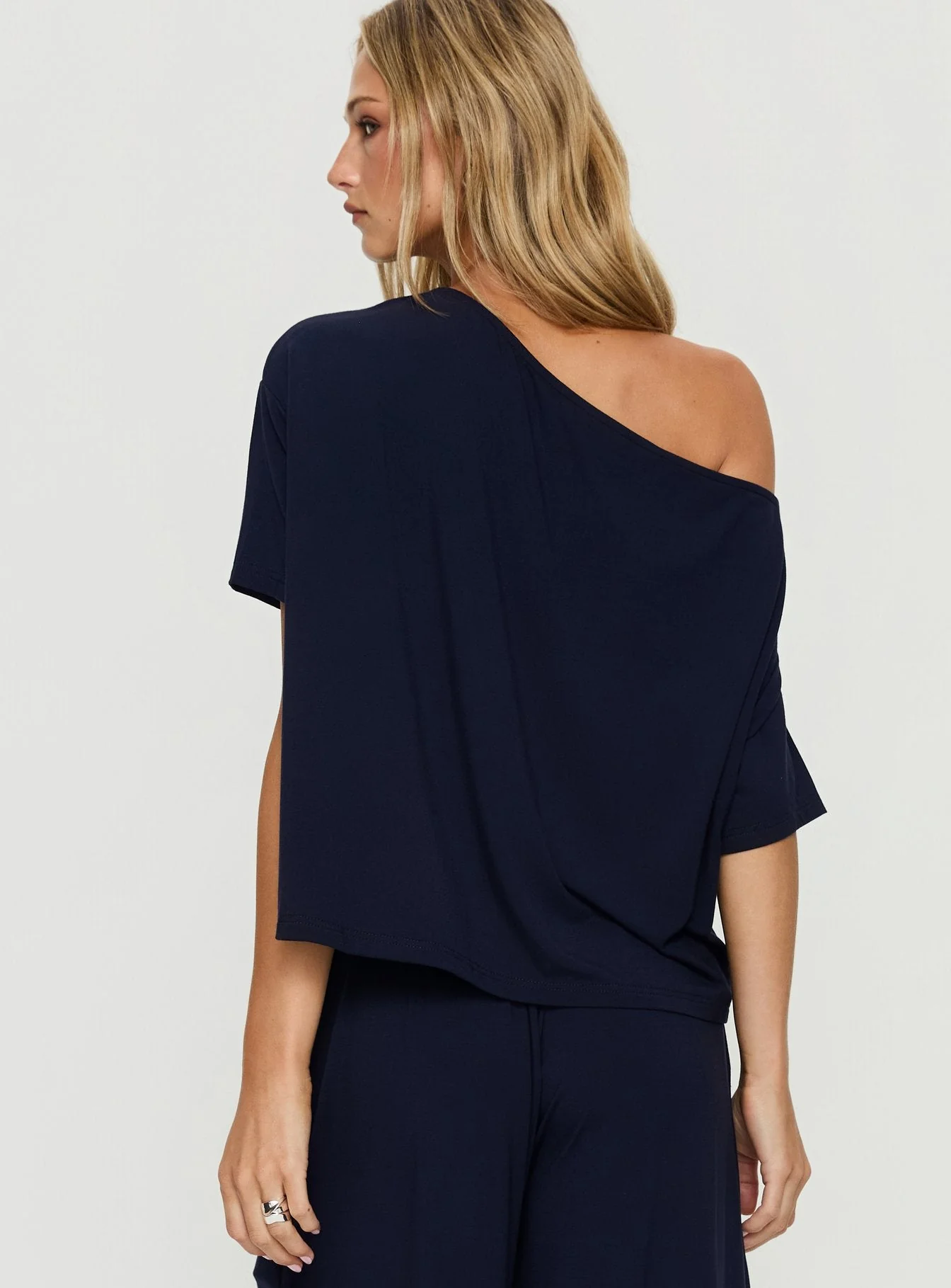 Cozy Hour Sleep Relaxed Off Shoulder Top Navy - Image 5