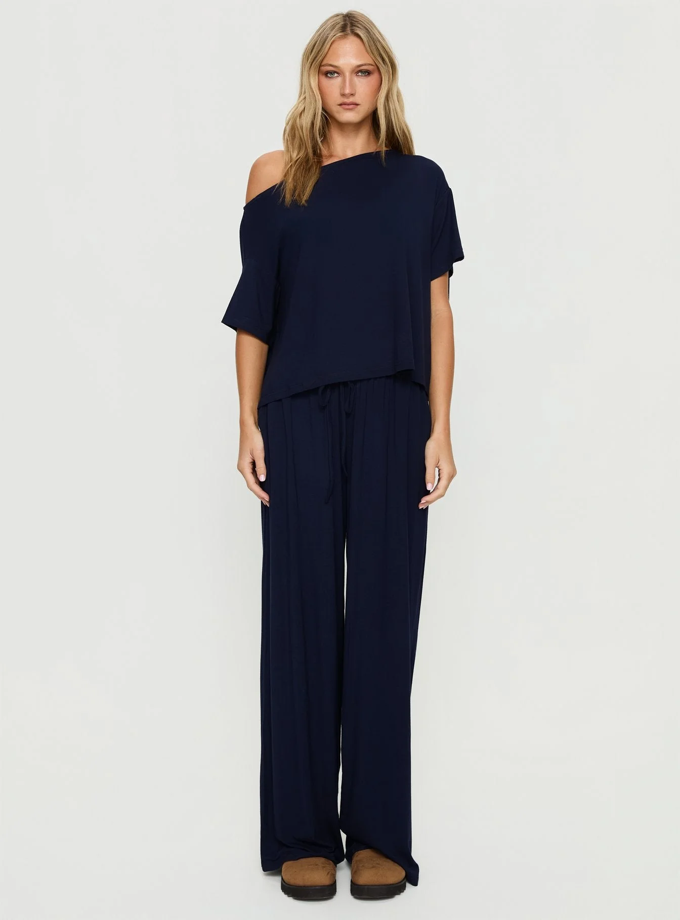Cozy Hour Sleep Relaxed Off Shoulder Top Navy - Image 7
