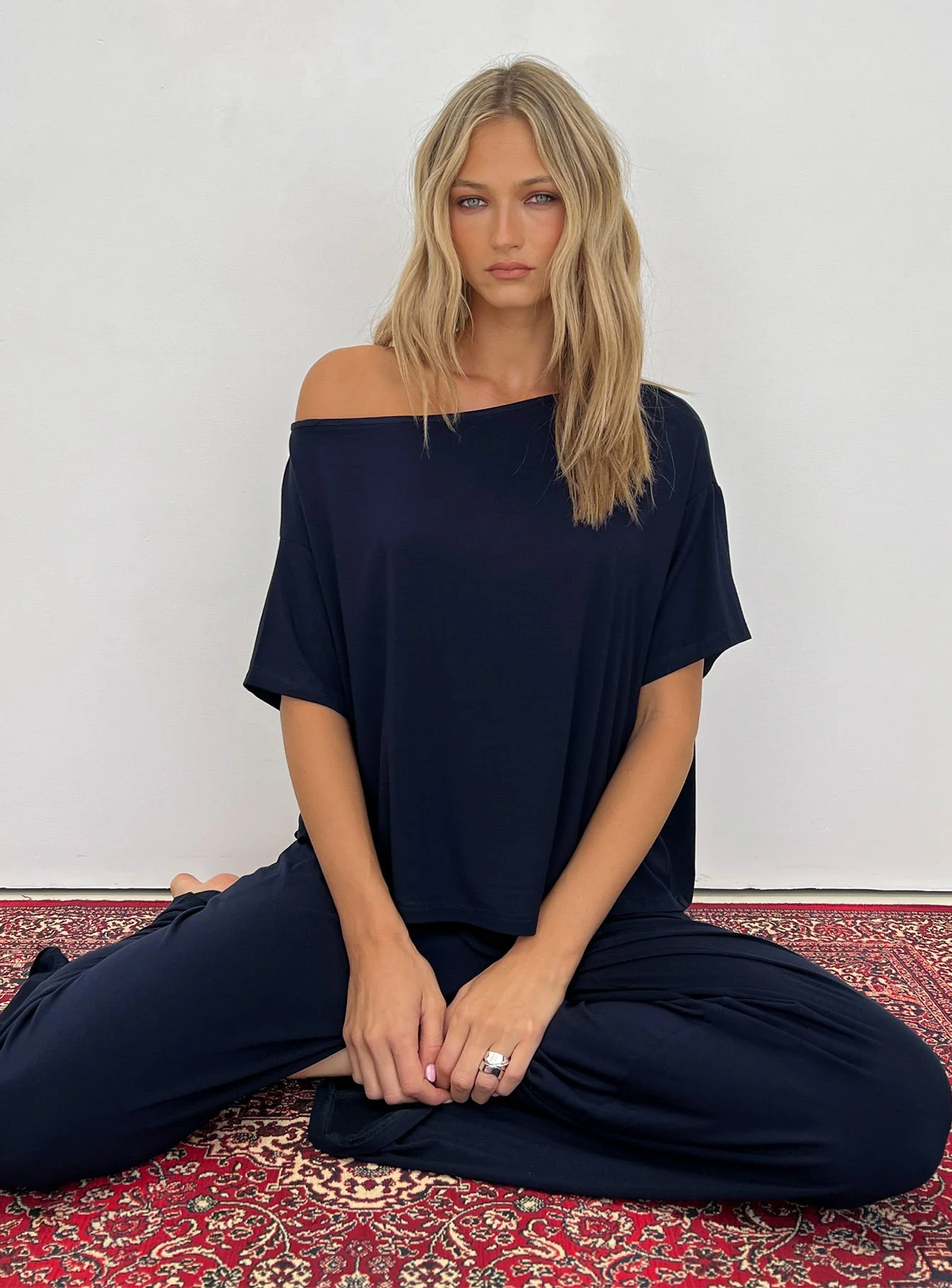 Cozy Hour Sleep Relaxed Off Shoulder Top Navy - Image 8
