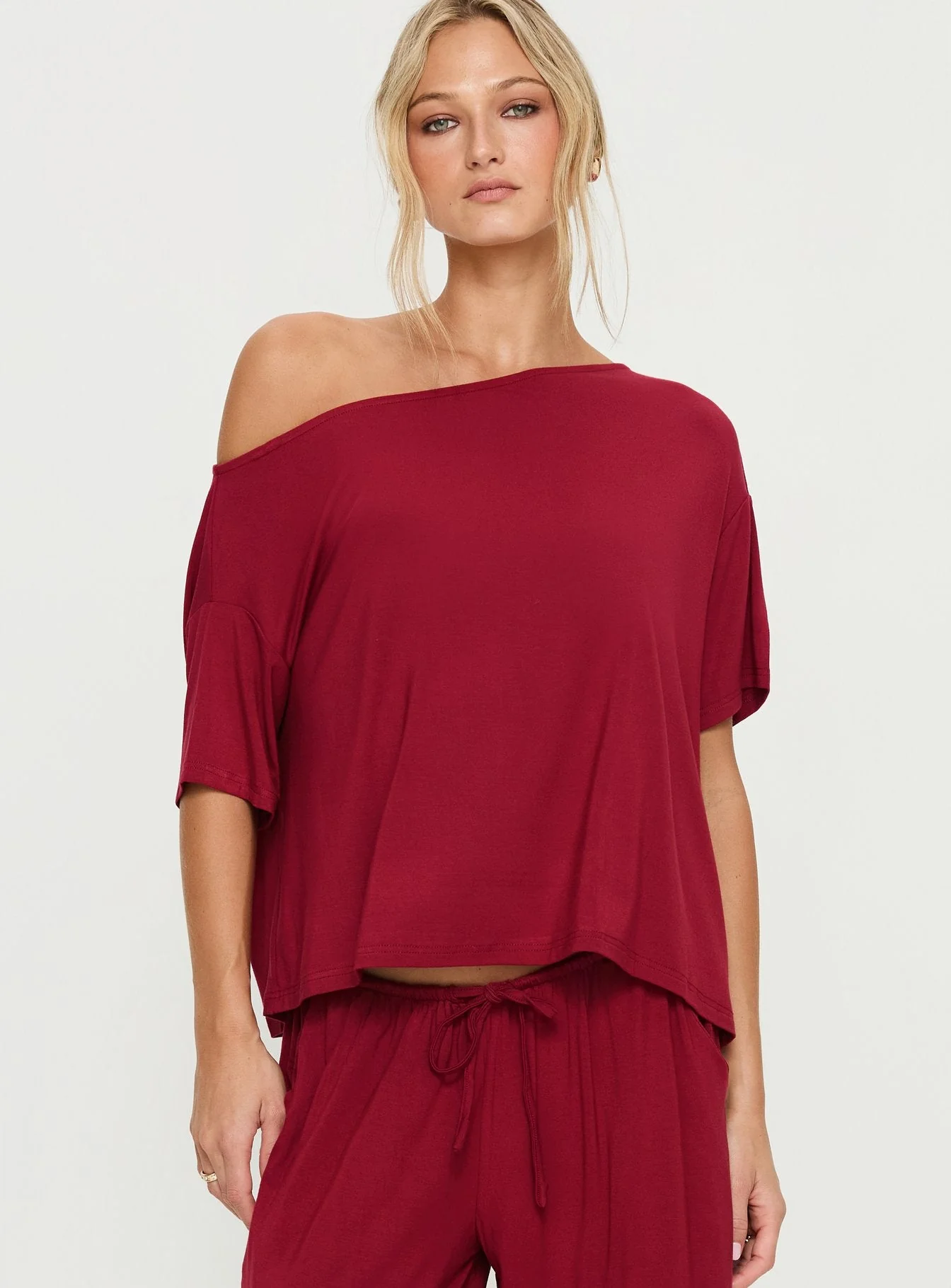 Cozy Hour Sleep Relaxed Off Shoulder Top Red - Image 2