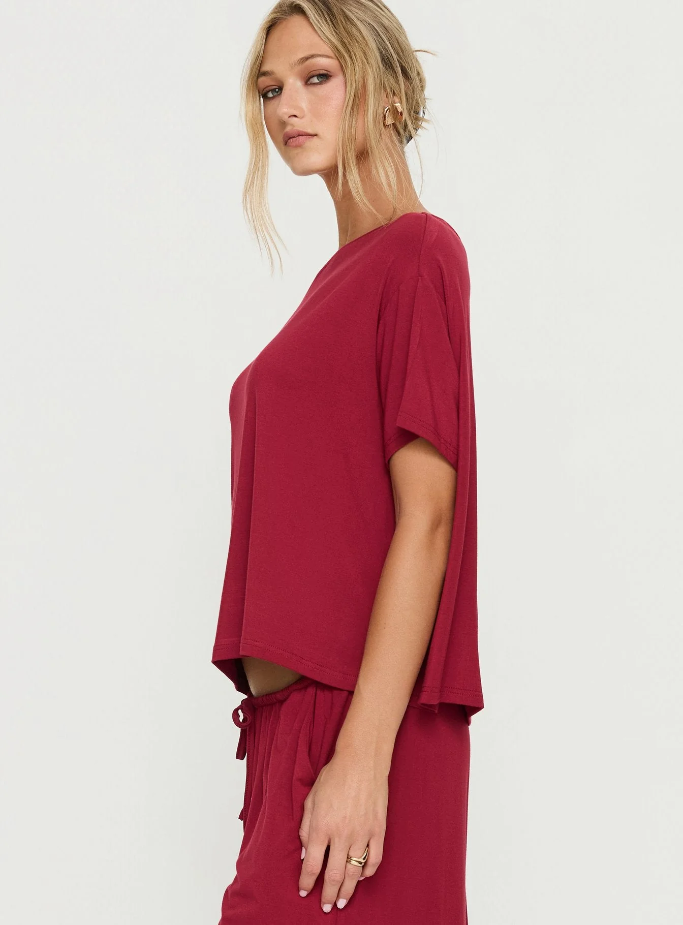 Cozy Hour Sleep Relaxed Off Shoulder Top Red - Image 4