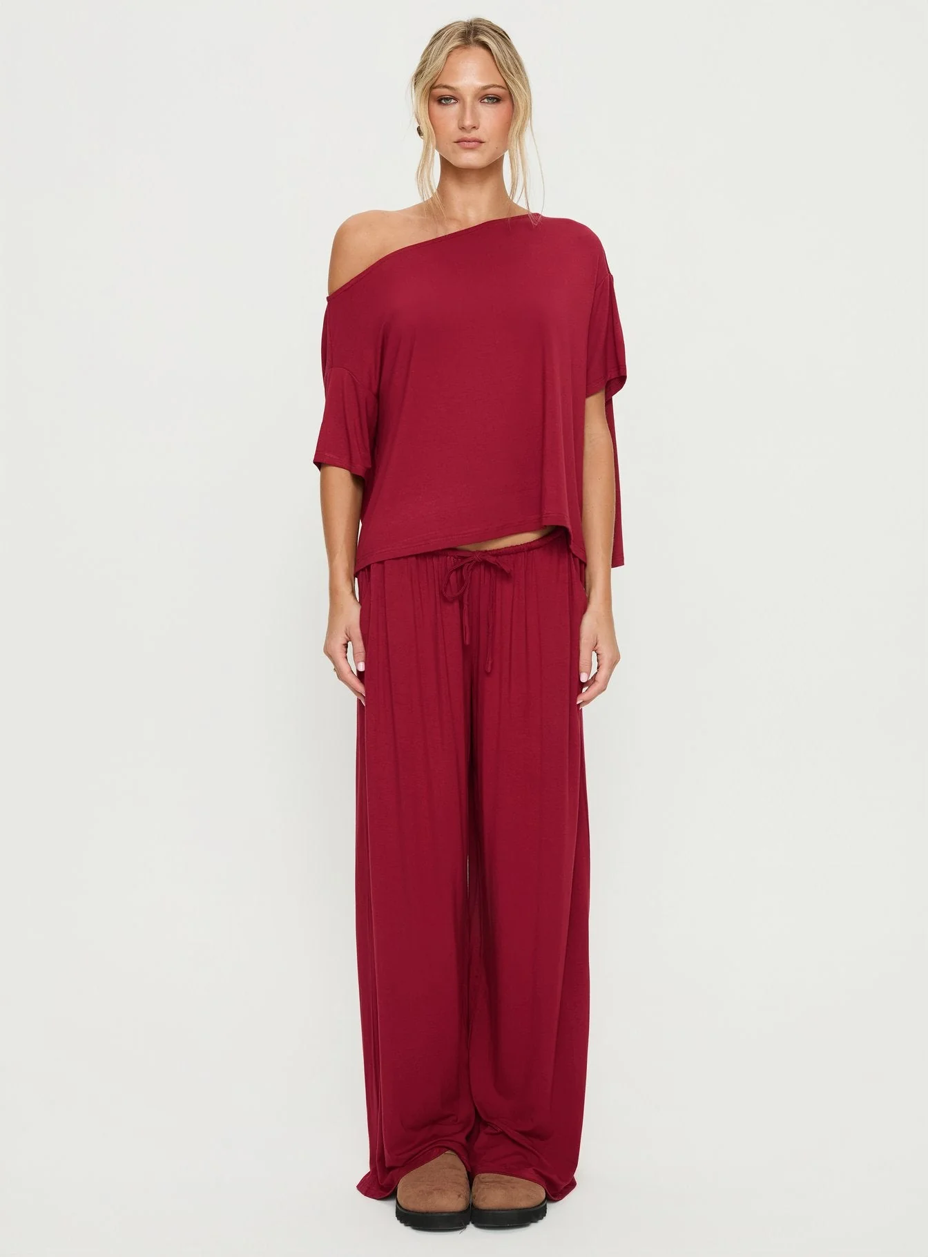 Cozy Hour Sleep Relaxed Off Shoulder Top Red - Image 7